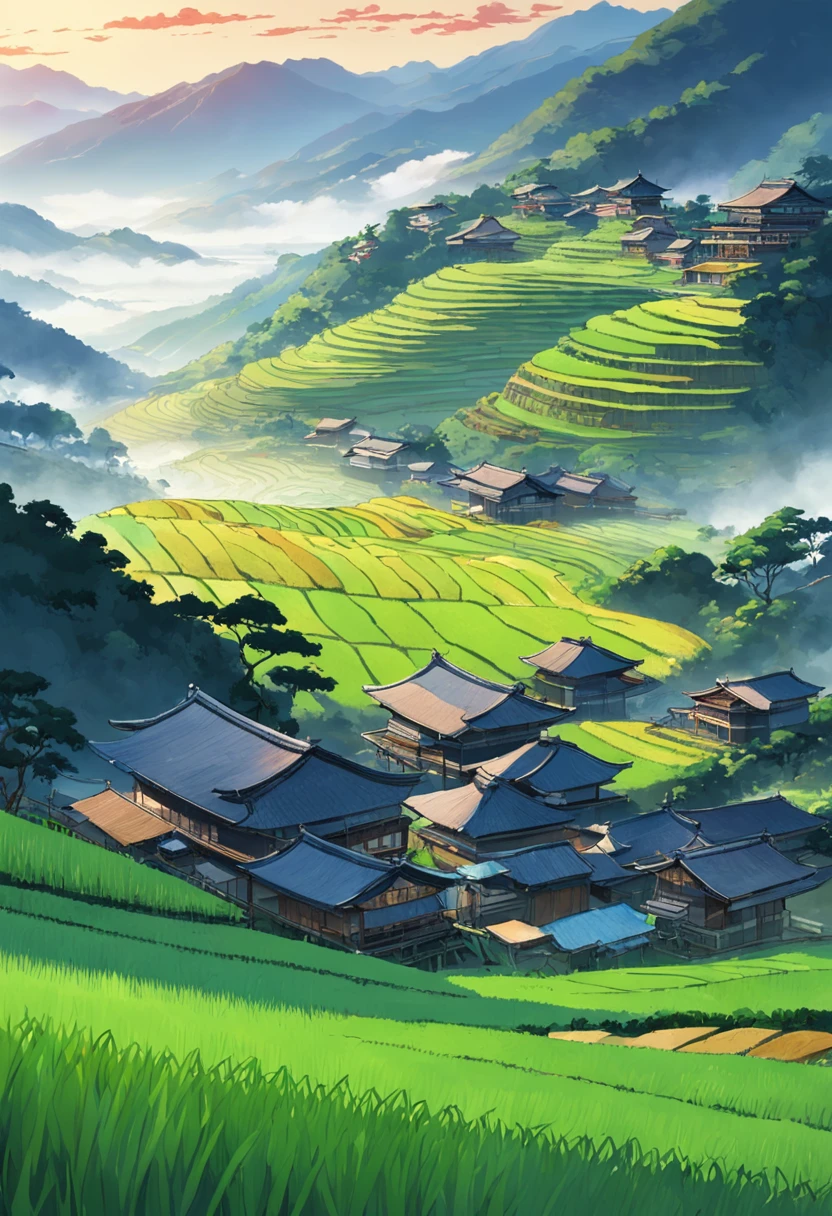 Large expanses of terraced fields, mountains, huts, with rice fields, rice fields, neat rice seedlings in the fields, misty rain, villages, agriculture, in the tranquil landscape, misty weather, in the vast tranquil landscape, in the early morning, in the morning mist, behind a small village, mist, Japanese countryside, thatched roofs --v 6