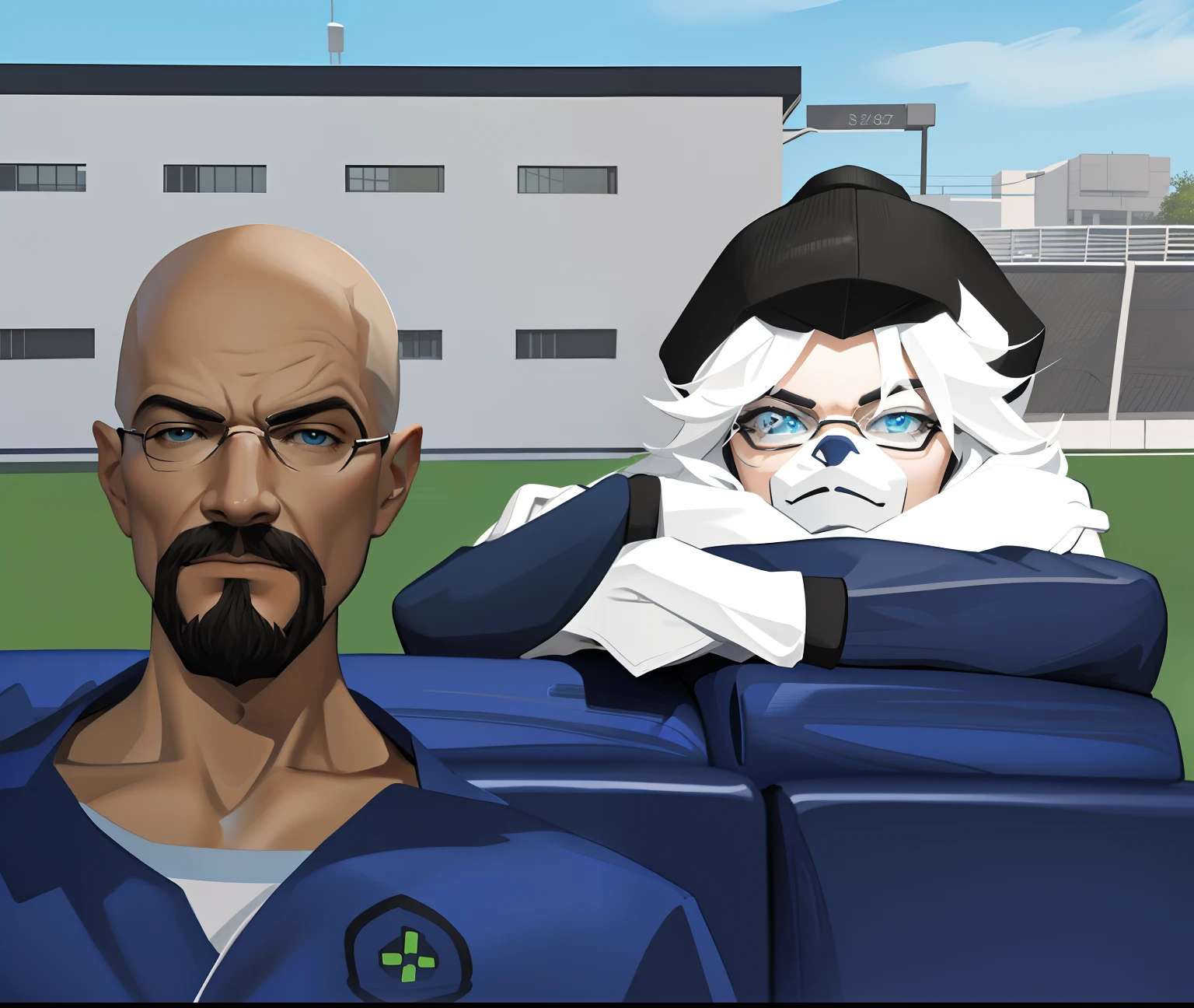 There is a cartoon character who is sitting in a chair, Roblox Captura de tela, avatar Roblox, Walter White em Roblox, Roblox, VRCabord, medium shot of two characters, Monet e Da Vinchi estilo de arte, halfbody headshot, Avatar do Second Life, no jogo, in - jogo, eye level shot, Cena realista, no jogo, foto de perfil 1024px