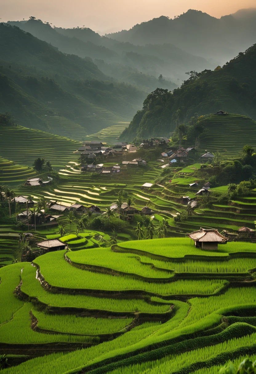 Large expanses of terraced fields, mountains, huts, with rice fields, rice fields, neat rice seedlings in the fields, misty rain, villages, agriculture, in the tranquil landscape, misty weather, in the vast tranquil landscape, in the early morning, in the morning mist, behind a small village, mist, Japanese countryside, thatched roofs --v 6