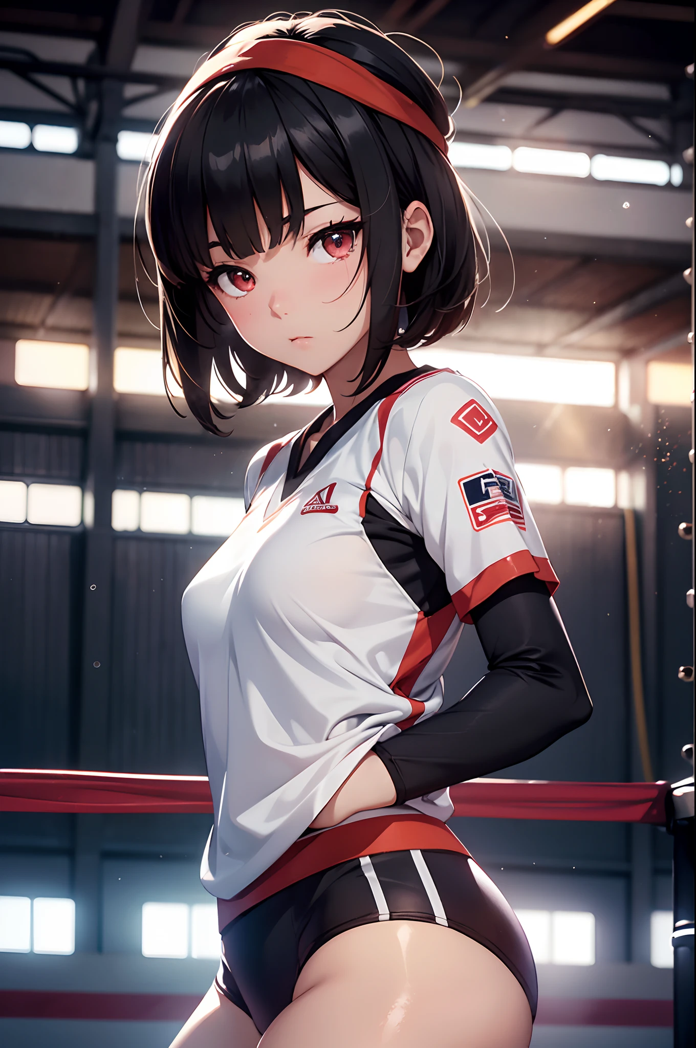 Official art, Unity 8k Wallpapers, ultra-detailliert, masterpiece, top-quality, 1人の女性, (ighly detailed),(Raw photography、top-quality)、(realisitic、Photorealsitic:1.3)、high-detail、Ultra-detailed complex 3D rendering of faces、(highlydetailed skin:1.2)、dynamic ungle, Mystical expression, Fireglow effect, Rim lighting, side lights, ciinematic light, 超A high resolution, 8K , film grains,Best Shadows, Particles of light, detailed skin textures, A detailed face, intricate-detail, ultra-detailliert, with light glowing, strong con,Inside the gymnasium、Volleyball Court、beauitful face、blurry backround、16-year-old beautiful girl、shinny skin、bob cuts、Beautiful black hair、Red Eyes、(Hachimaki:1.2)、Volleyball Uniforms、Curve、dynamicposes、jump、