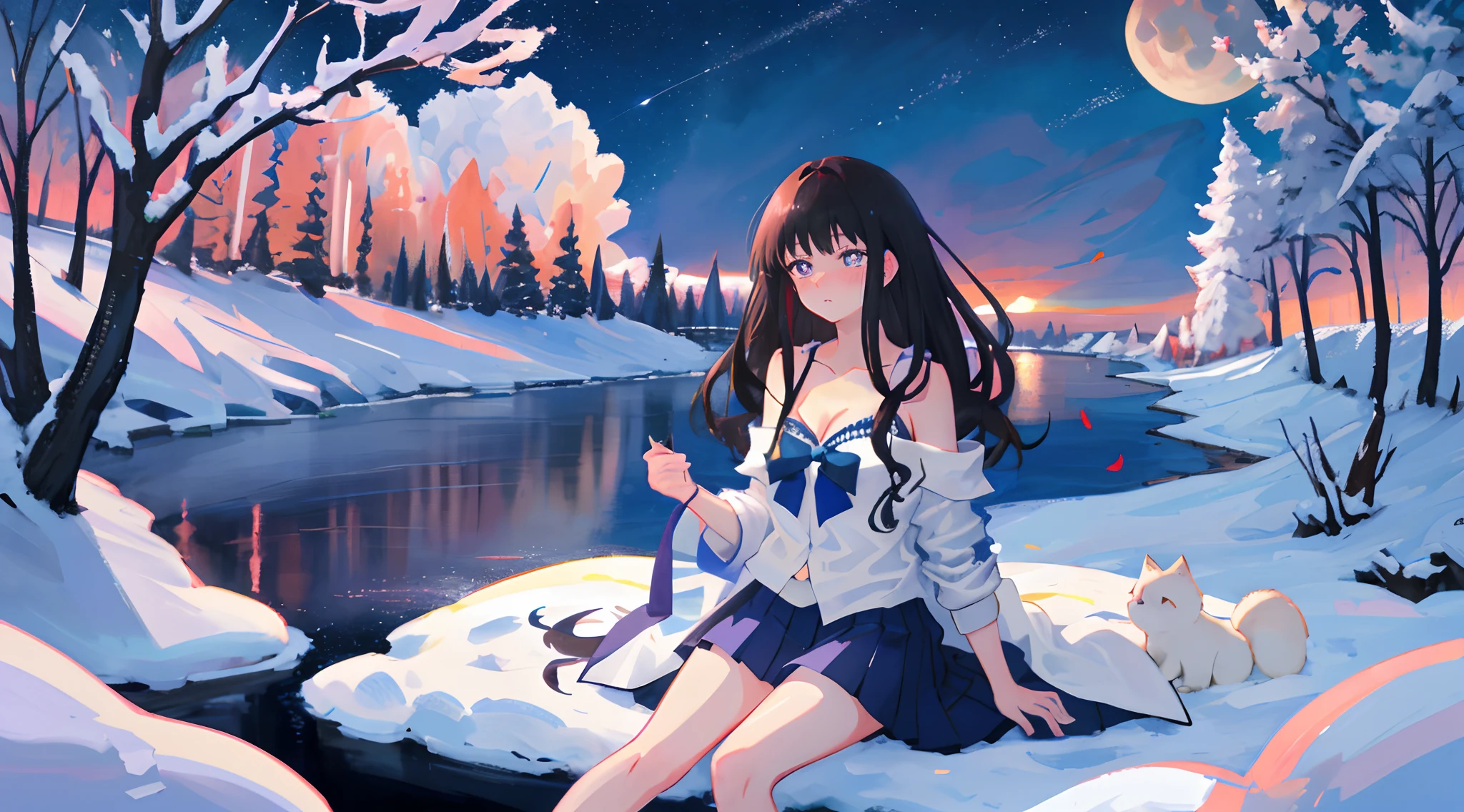 Inoue Takina, Long hair, bangs, Black hair, Purple pupils,White shirt short skirt,Bare legs,Extreme,Bare body,Expose the collarbone,Bare shoulders,Bare chest,Crop top,Bare crotch,neck bowtie,White socks,A long and wide river,the night,sitting under a cherry tree,Falling snow,snowfield,Thighs facing inward,Wide sky,small moon,Intricate clouds,Unfasten collared shirts and ties,Picturesque night view of the city,The characters are naked,Cruise ships coming and going,mediuml breasts,Bare breasts,beautiful countenance,Cinematic texture,Anime art wallpaper 8k, Beautiful anime girl, 4k manga wallpapers,Detailed,The sky passes through meteors,Masterpiece,Detailed light,illustration,Petite body,Little white socks,Beautiful detailed eyes,shyexpression,Caress your thighs,On extremely refined Cg ,Highly detailed,(Masterpiece)), Dynamic Angle, (Best quality), Best shadow,Dynamic,Great snowfield,Hillside in the distance,flower sea,winter,Small leather shoes,solo person,Naked of breast,perfect female shape,big breasts exposed cleavage,stereograms,shadowing,Ear blush,Best quality,hyper HD,One hand ruffled his hair,heart-shaped pupils,heavy breathing,tired,wince,high details