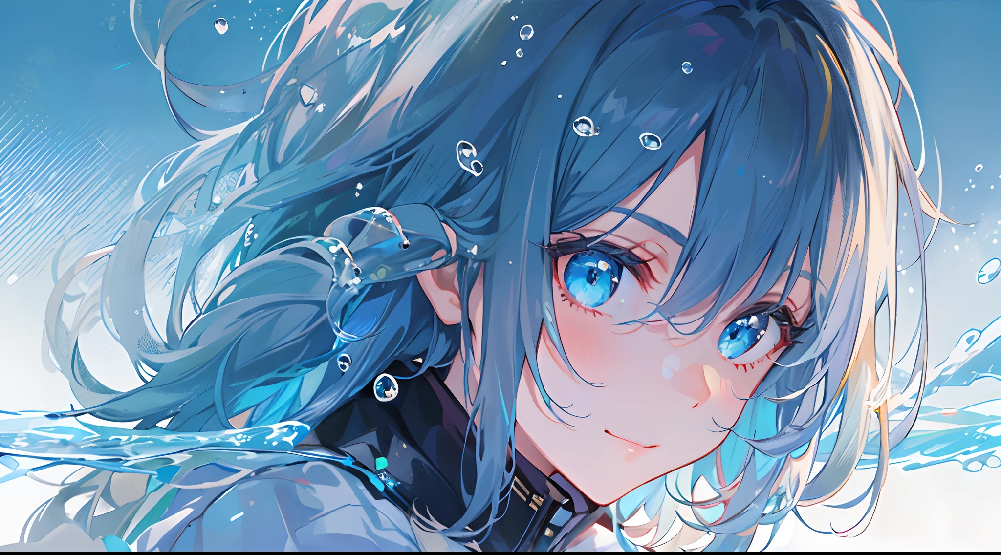 ((top-quality)), ((masterpiece)), ((ultra-detailliert)), (extremely delicate and beautiful), girl with, 独奏, cold attitude,((Black jacket)),She is very(relax)with the(Settled down)Looks,A dark-haired, depth of fields,evil smile,Bubble, under the water, Air bubble,bright light blue eyes,Inner color with light blue hair and dark blue tips,Cold background,Bob Hair - Linear Art, shortpants、knee high socks、White uniform like school uniform、Light blue ribbon ties、Clothes are sheer、Hands in pockets