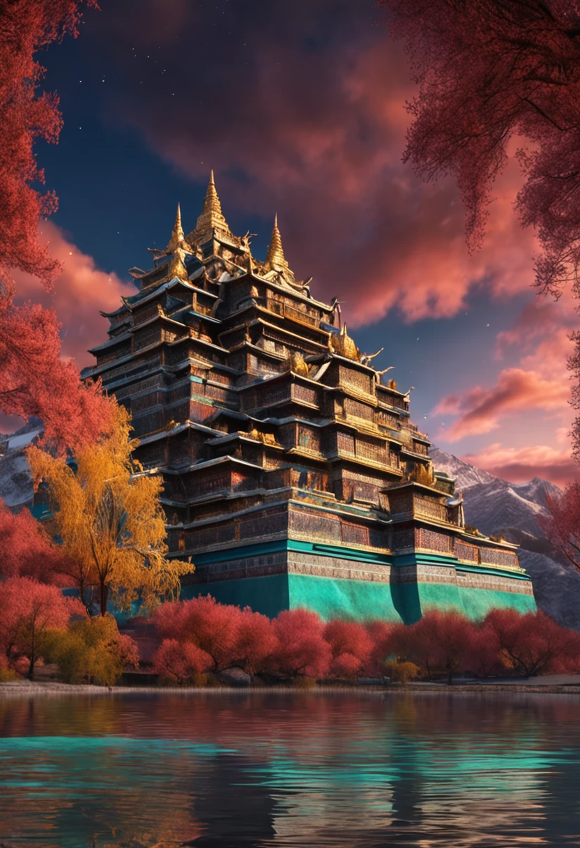 (Light magic:1.2), (Grim:1.1) forest, springtime,Potala Palace, Lhasa, (Intricate details), A mirror-like lake,(ultra - detailed), 8k hdr, high detal, A lot of detail, High quality,Tyndall effect, (Colored:1.3)