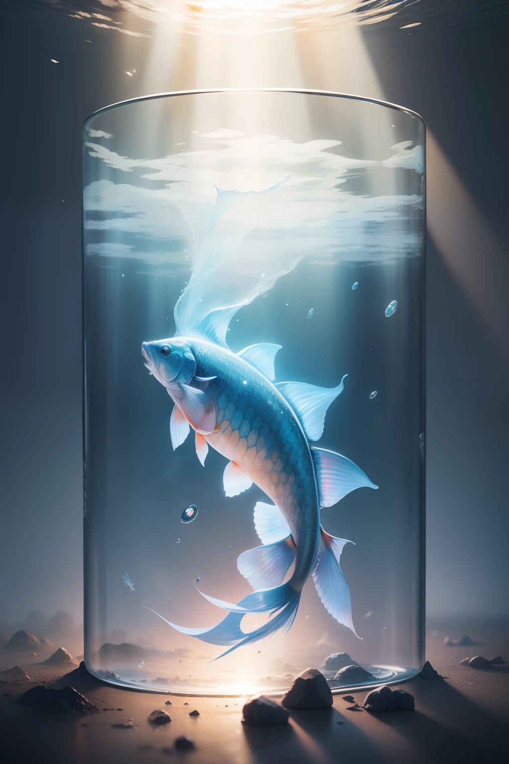 A school of carp moves through the clouds,A dressed in a Tang costume,Best quality at best,Beautiful colors,Bright colors,Transparent gloss,Glass texture