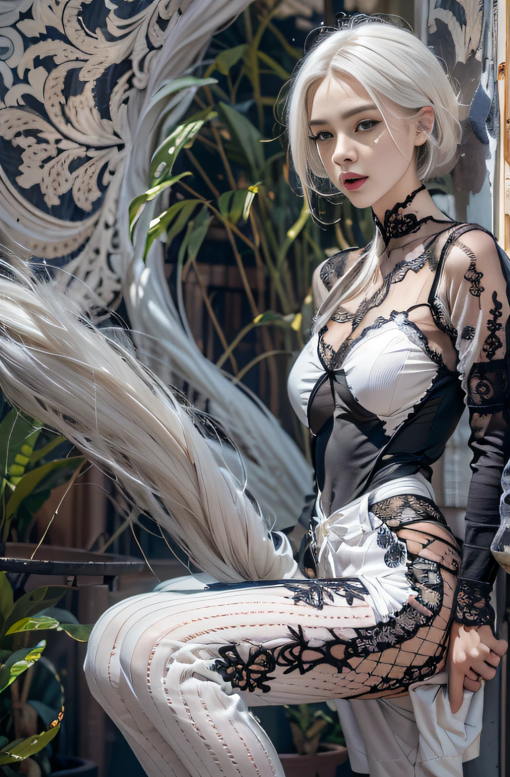 Photorealistic, high resolution, 1 Women, Solo, Hips up, view the viewer, (Detailed face), White hair, Black lace bodysuit