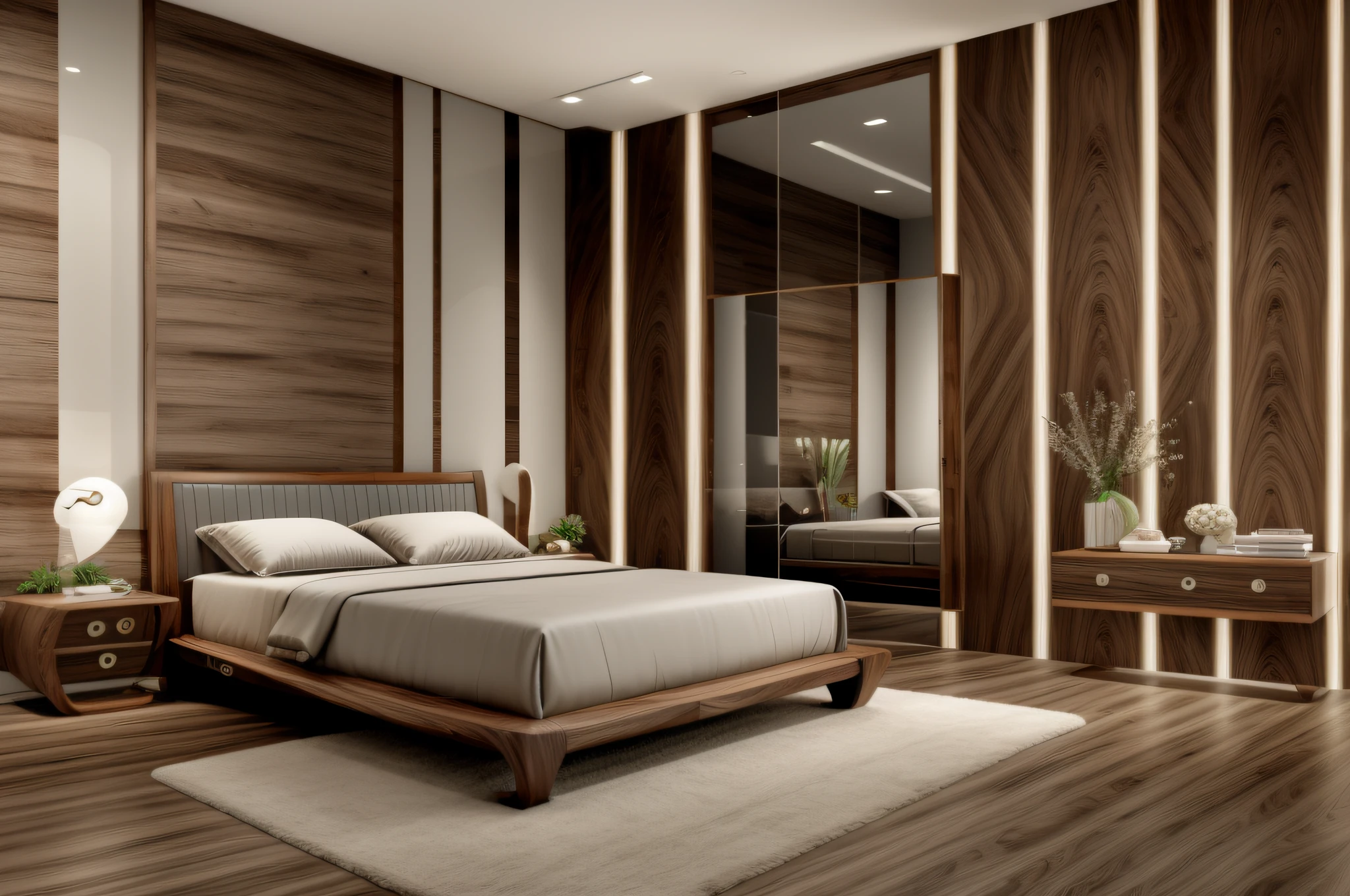 Modern bedroom, furniture made from walnut wood, masterpiece,ultra realistic,32k,extremely detailed CG unity 8k wallpaper, best quality