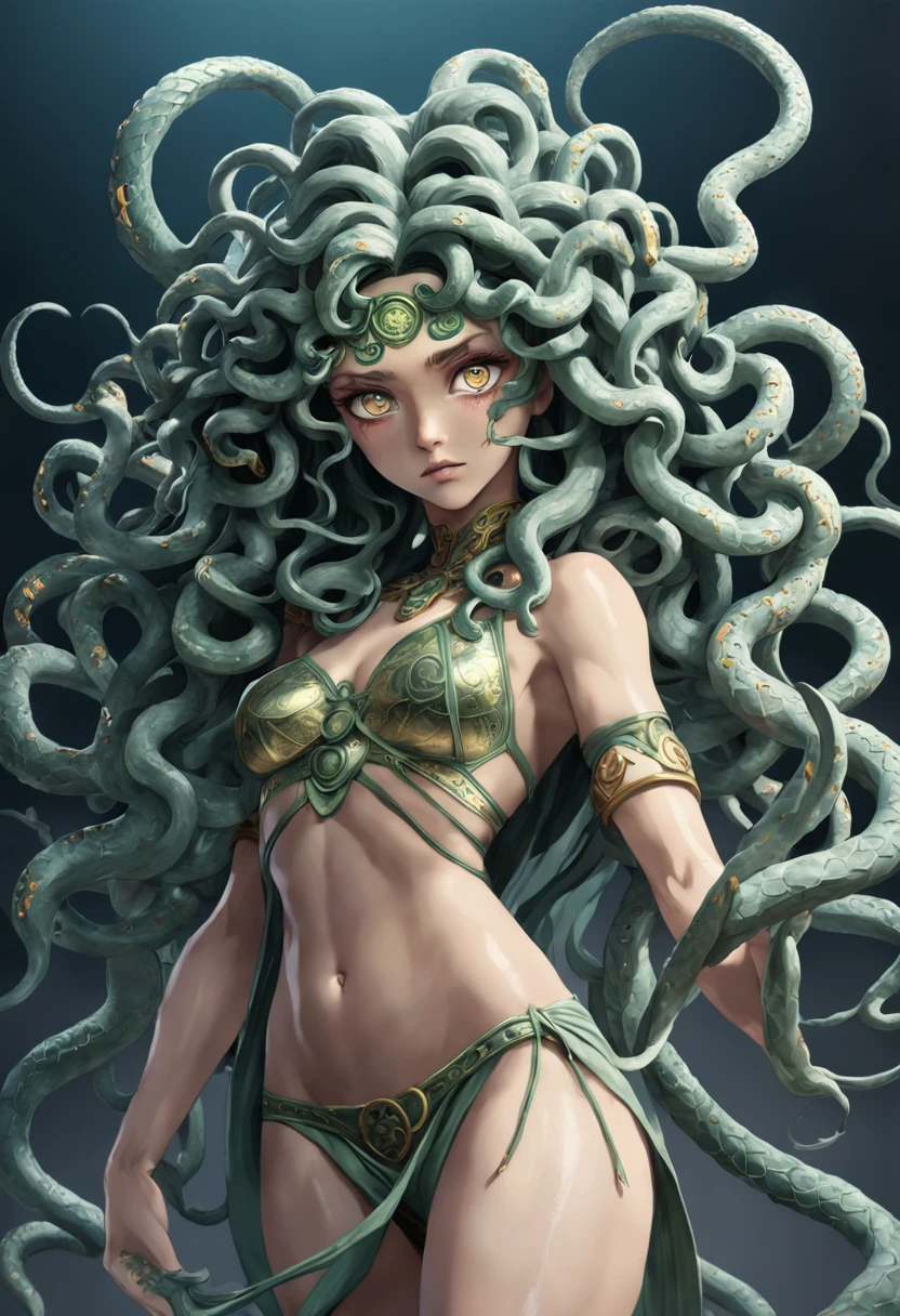 ((medusa monster from Greek mythology)), ((best quality)), ((masterpiece)), ((realistic)), full body, the hair is composed of countless small snakes, female face, metal carved top, royal aura, trend on artstation , sharp focus, studio photo, intricate detail, very detailed, detailed eye, illustration, very detailed, sharp focus, digital render, professional, 4k,((medusa monster from Greek mythology))