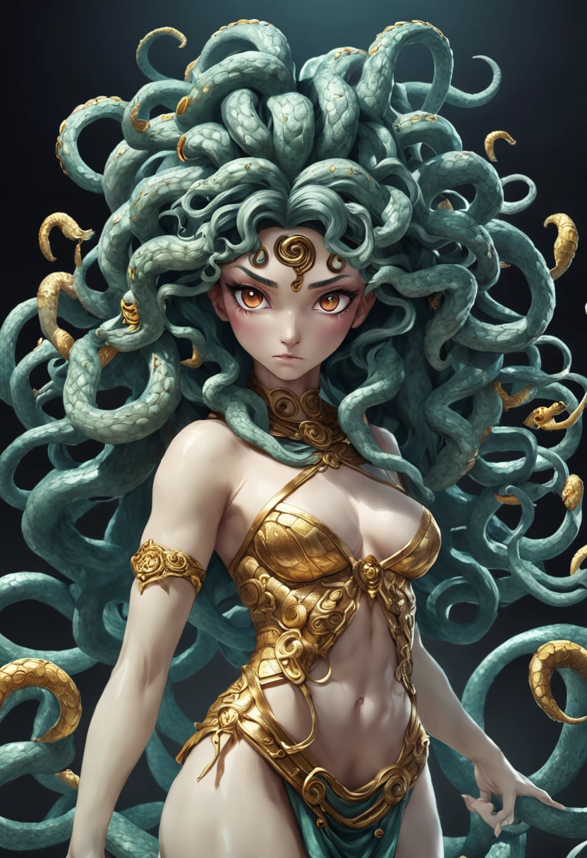 ((medusa monster from Greek mythology)), ((best quality)), ((masterpiece)), ((realistic)), full body, the hair is composed of countless small snakes, female face, metal carved top, royal aura, trend on artstation , sharp focus, studio photo, intricate detail, very detailed, detailed eye, illustration, very detailed, sharp focus, digital render, professional, 4k,((medusa monster from Greek mythology))