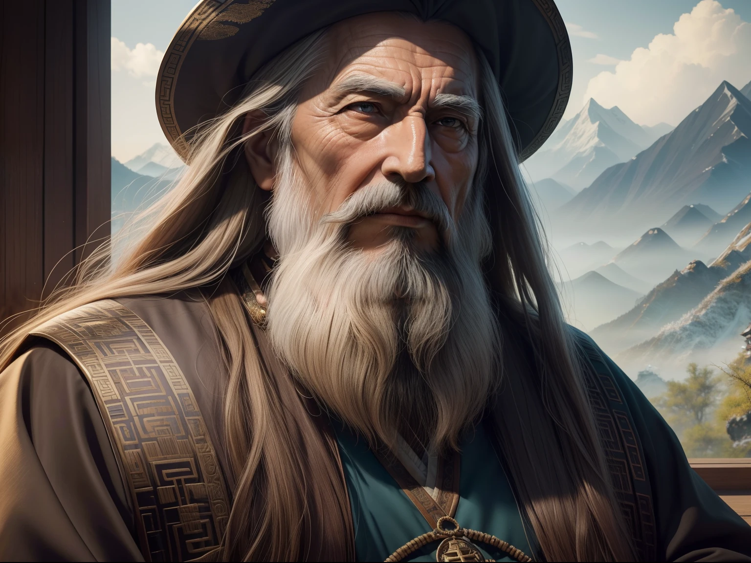 Generate an ultra-realistic, photographic image in 8k resolution that captures a wise old master at the center of the scene. The master has long hair, a lengthy beard, and an intricately detailed face. He exudes wisdom and confidence solely through his gaze. The background should feature out-of-focus beautiful Chinese mountains, providing a serene and tranquil ambiance.