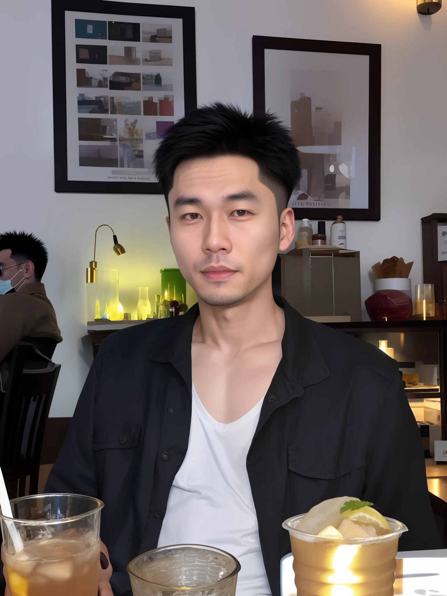 there is a man sitting at a table with a drink and a glass, 2 , 2 8 years oldthe early 2020s, 2 9 years old, david luo artgem lau, damien tran, thawan duchanee, with short hair, bao pham, 2 3 years old, 2 2 years old