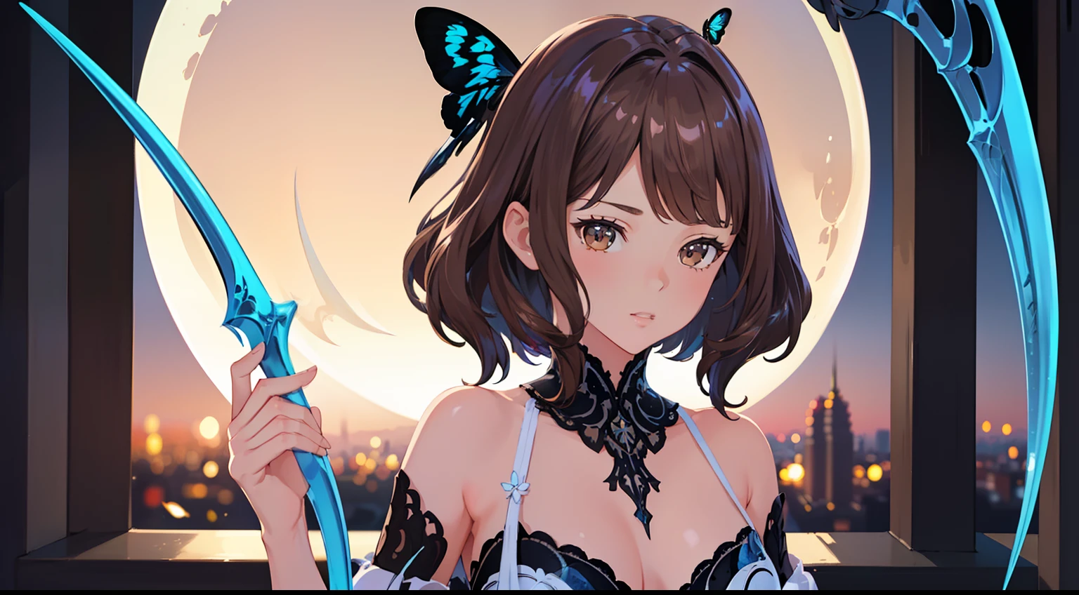 ((Best quality)), ((Masterpiece)), ((Ultra-detailed)), (illustration), (Detailed light), (An extremely delicate and beautiful),Dramatic perspective,A charming young girl,Short brown hair,Brown pupils,Lace pantyhose,scythe,Left eye butterfly ornament,themoon,the night