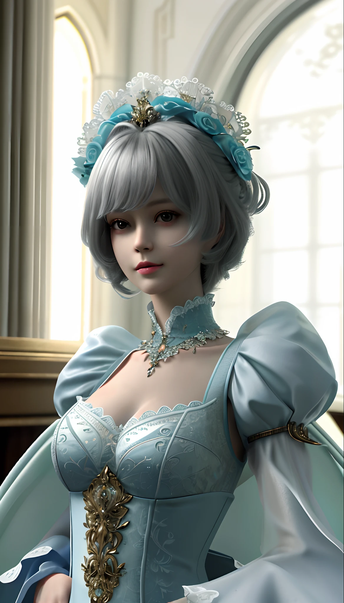 1girl, looking at viewer,
upper body, 3D, realistic,
large breasts, excessively frilled princess dress, draped clothes, jewelry, ornament, flower, lace trim,
masterpiece, best quality, 8k, detailed skin texture, detailed cloth texture, beautiful detailed face, intricate details, ultra detailed,
rim lighting, side lighting, cinematic light, ultra high res, 8k uhd, film grain,best shadow, delicate, RAW