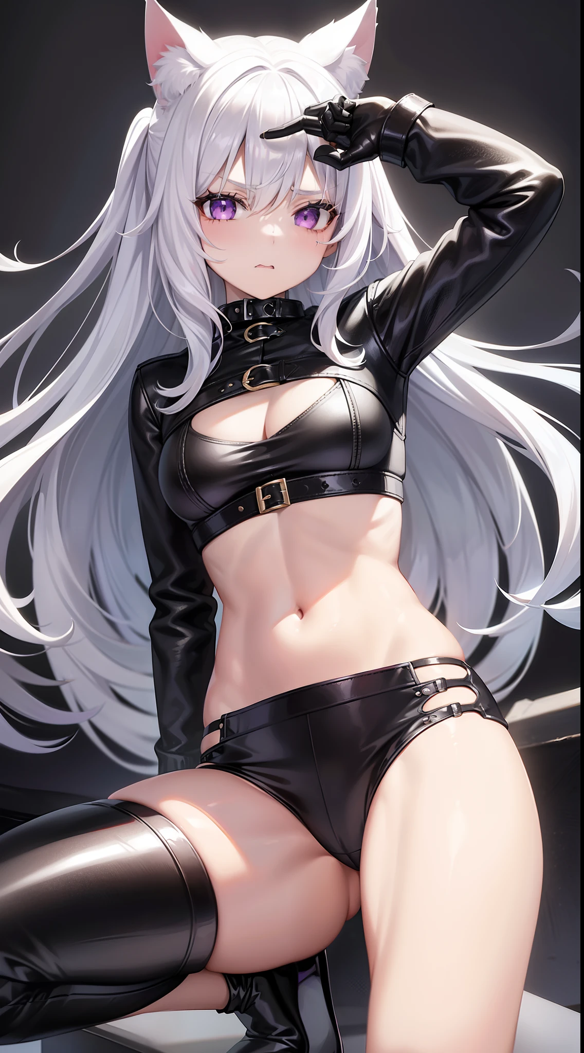 young girl, Long white hair, cat ears, violet eyes, leather jacket, briefs, tear stockings, Black Top, open belly, Lots of scars, claws, anger, Masterpiece, hiquality