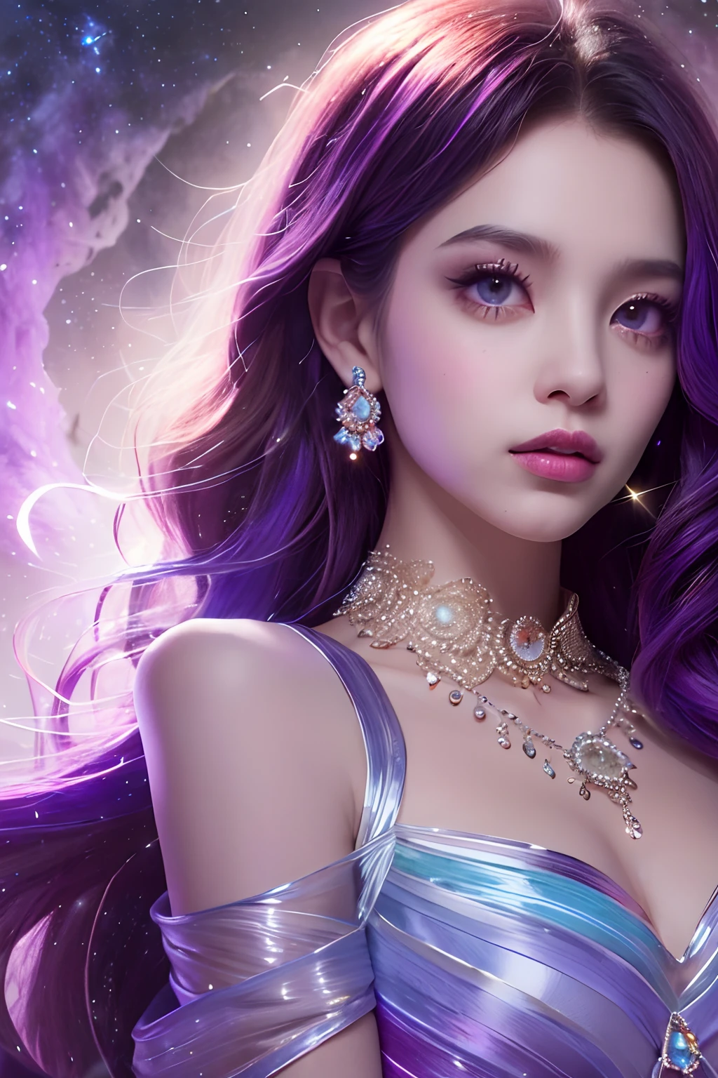 Background: Mysterious and quantum setting, Cosmic elements and、An ethereal atmosphere where brilliant lights and colorful nebulae intertwine. Theme: A mysterious girl with a magical aura. She has long, Colorful wavy curls, Highlight with a glossy lock. His eyes are deep and expressive, Reflection Universe. She wears a flowing dress in purple and blue tones, With intricate details and mysterious textures. Color Palette: A combination of mysterious shades,Such as cosmic purple, Sky blue, Soft pink and gold touch. Create contrasts, Deep, Dark color, Dark purple or dark blue, etc.. Aesthetics: The aesthetic combines elements of Mistycore, Mysterious and ethereal atmosphere, and crystal cores, With its crystals and sparkling details. The girl exudes magical energy、Her presence hangs over her、Attractive cleavage. Covered with: Keep the overlay around the girl with subtle glowing effects and sparkling lights, Covered with: Add a soft glow effect around the girl and crystal, It seems to exude magic. Pure, Add detail to flashing lights、Enhance the ethereal atmosphere.