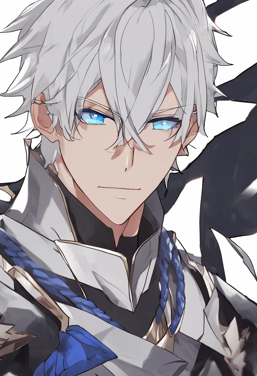 a close up of a person with a black shirt and a white hair, Tall anime guy with blue eyes, male anime character, white-haired god, Anime handsome man, Handsome anime pose, young anime man, , ,white haired Cangcang, Male anime style,Elf ears