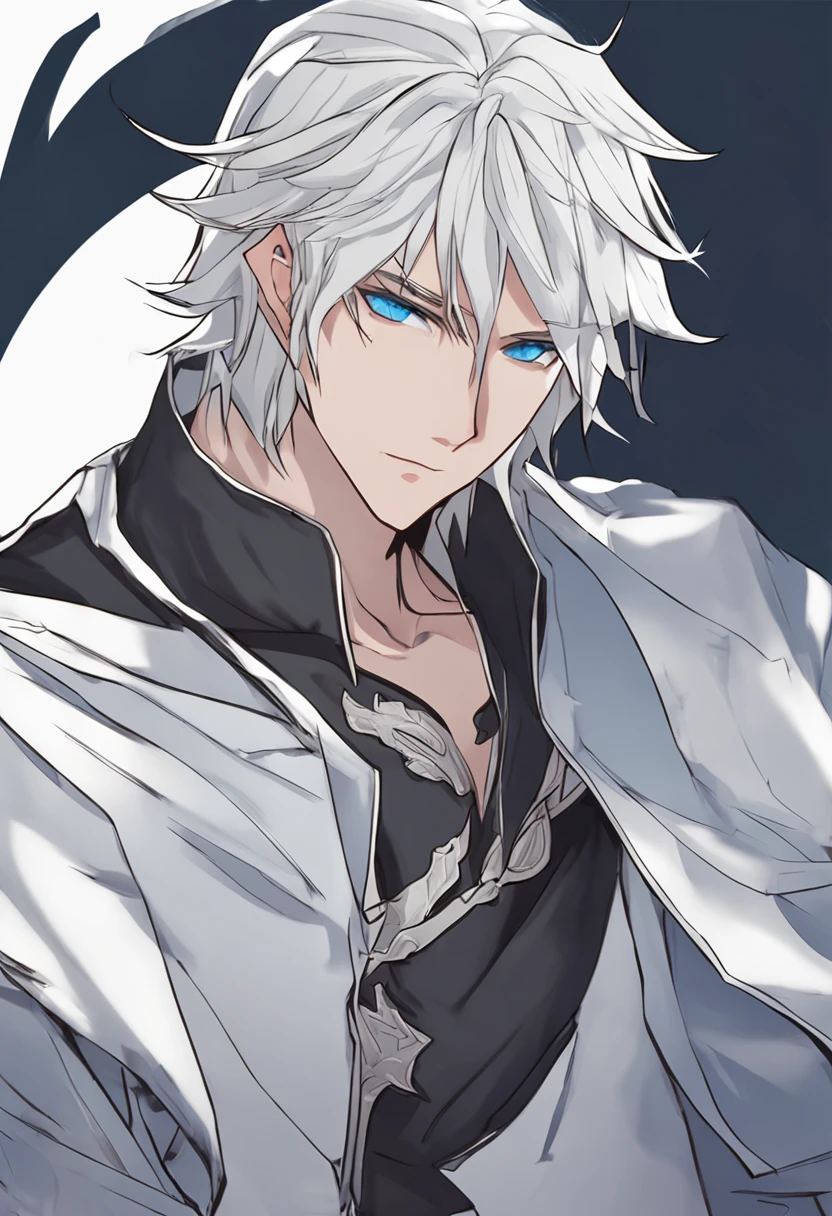a close up of a person with a black shirt and a white hair, Tall anime guy with blue eyes, male anime character, white-haired god, Anime handsome man, Handsome anime pose, young anime man, , ,white haired Cangcang, Male anime style,Elf ears
