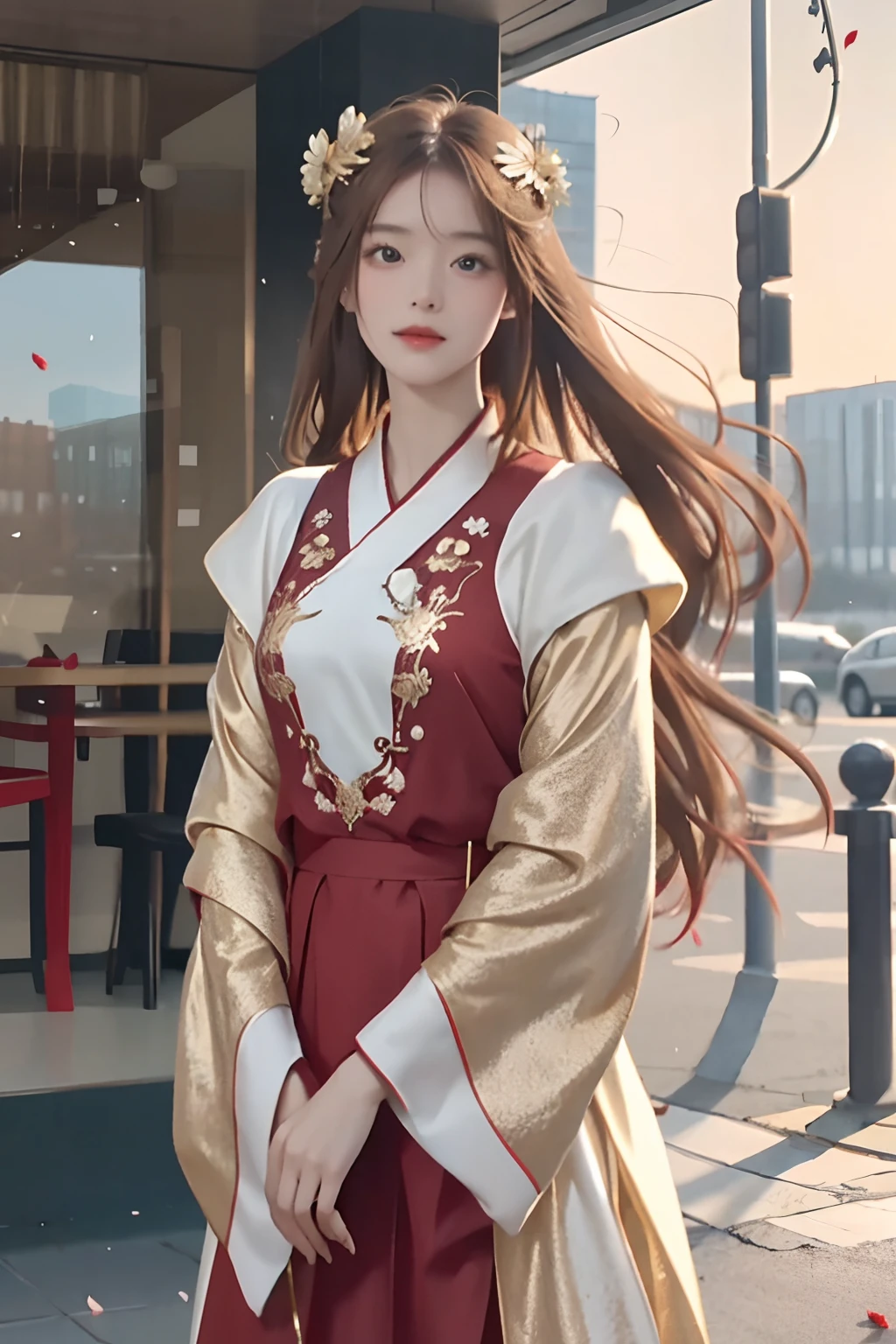 best quality, masterpiece, highres, (exquisite body:1.5),gorgeous face,(milky skin:1.3),intricate details,high resolution,wallpaper,
1girl, solo, dress, hair ornament, (((gold and red dress))), flowers, long hair, brown hair, closed mouth, jewelry, long sleeves, hand up, wide sleeves, big eyes,floating hair, chinese clothes, hanfu, embroidery, long skirt, natural pose, falling petals, indoor,fanning, lantern,
16K,HDR,highres,depth field,(film grain:1.1),boken,golden hour,(lens flare),vignette,rainbowing,(color grading:1.5)