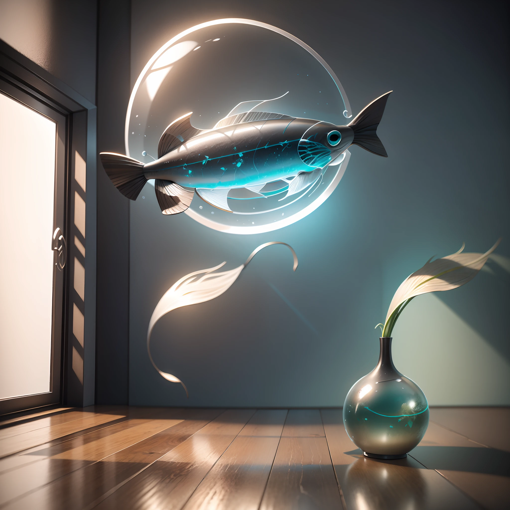 Organic interior in a modern design with simple natural materials, Furnished with organic shape acrylic furniture, There are schools of flying silver balloon fish around the set, Illuminated by natural light，and rendered in a surrealist style