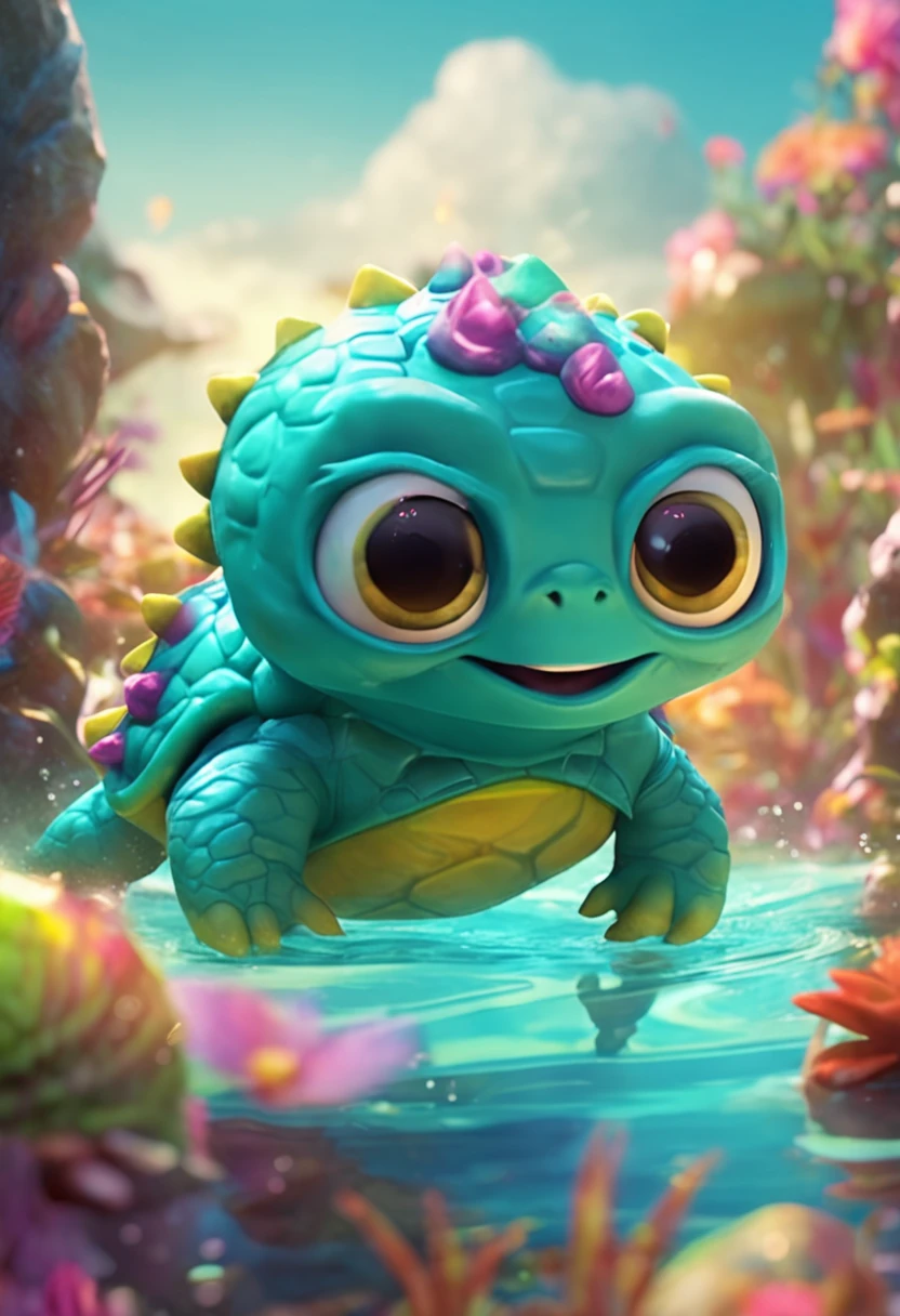 Animation style,Cute monster Jeni turtle,Swim in the water,Exudes magical energy。