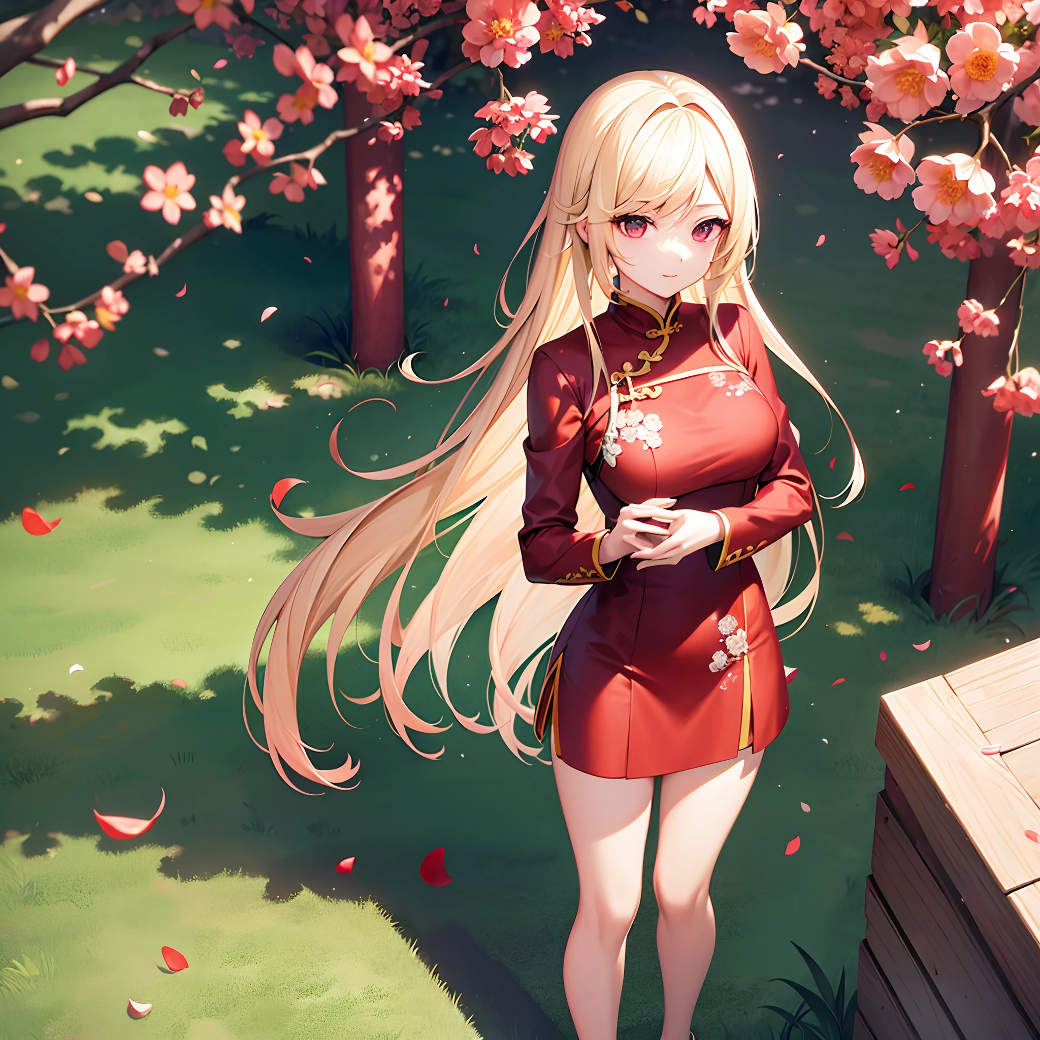 One beautiful blonde girl、red eyes、qipao dress、Keeping hair together、a miniskirt、Surrounded by flowers