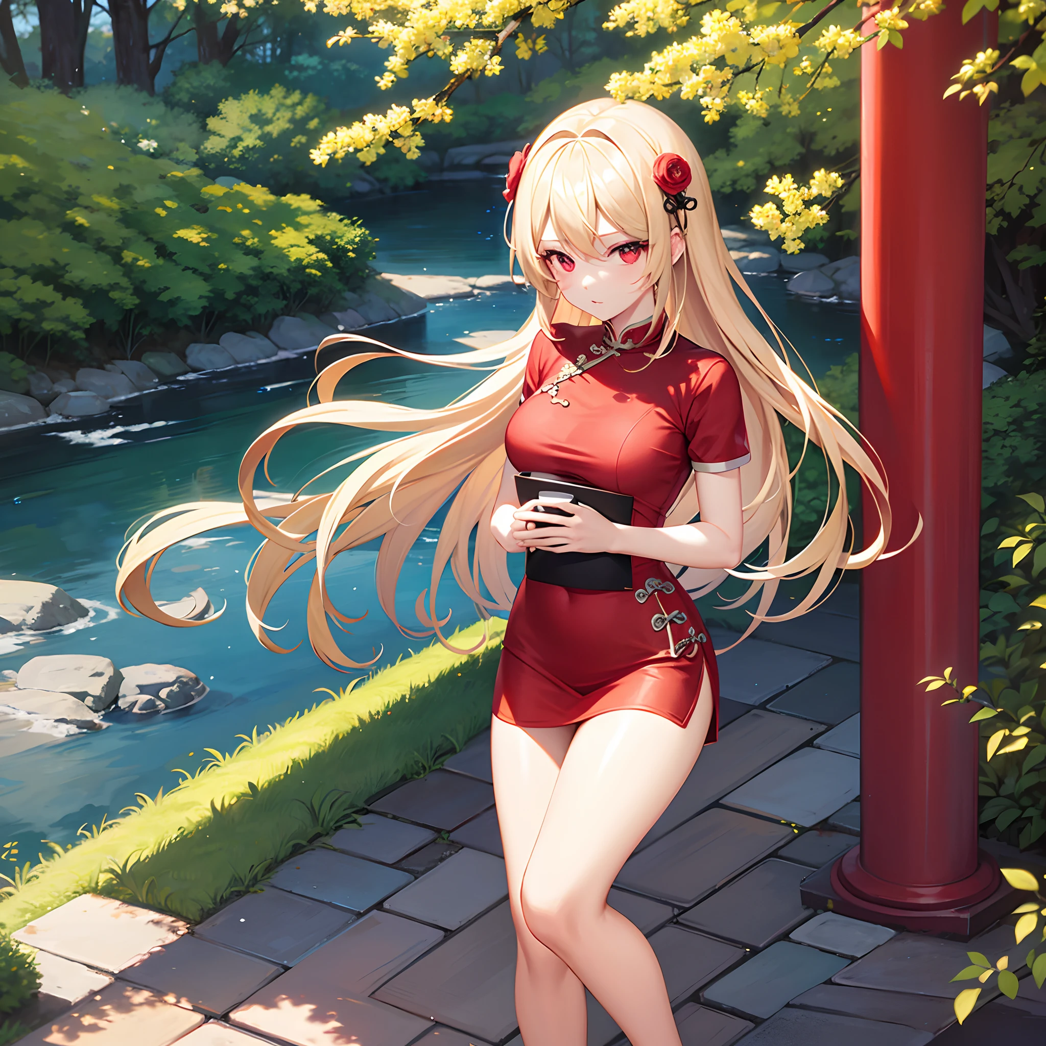 One beautiful blonde girl、red eyes、qipao dress、Keeping hair together、a miniskirt、Surrounded by flowers