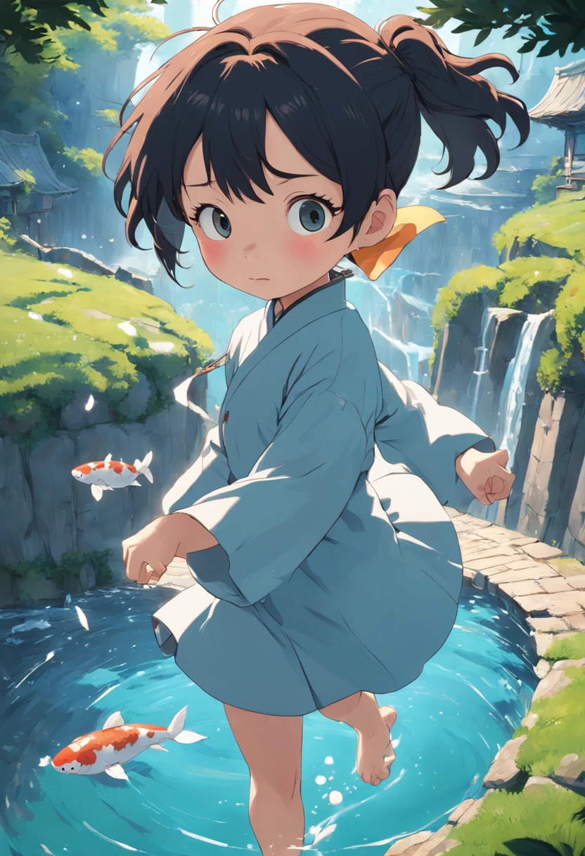 movie picture quality,Hayao Miyazaki animation,Miyazaki animation style,Hayao Miyazaki animated film,3D movies,China-style,A little girl with short pigtails jumped over the South Heavenly Gate on a huge koi,depth of fields,high light,Real light,Ray traching,oc rendered,Hyper-realistic,best qualtiy,8K,Works of masters,super-fine,Detailed pubic hair,Correct ???????,sharp focus on eyes,Bokeh,Facial features are carefully depicted