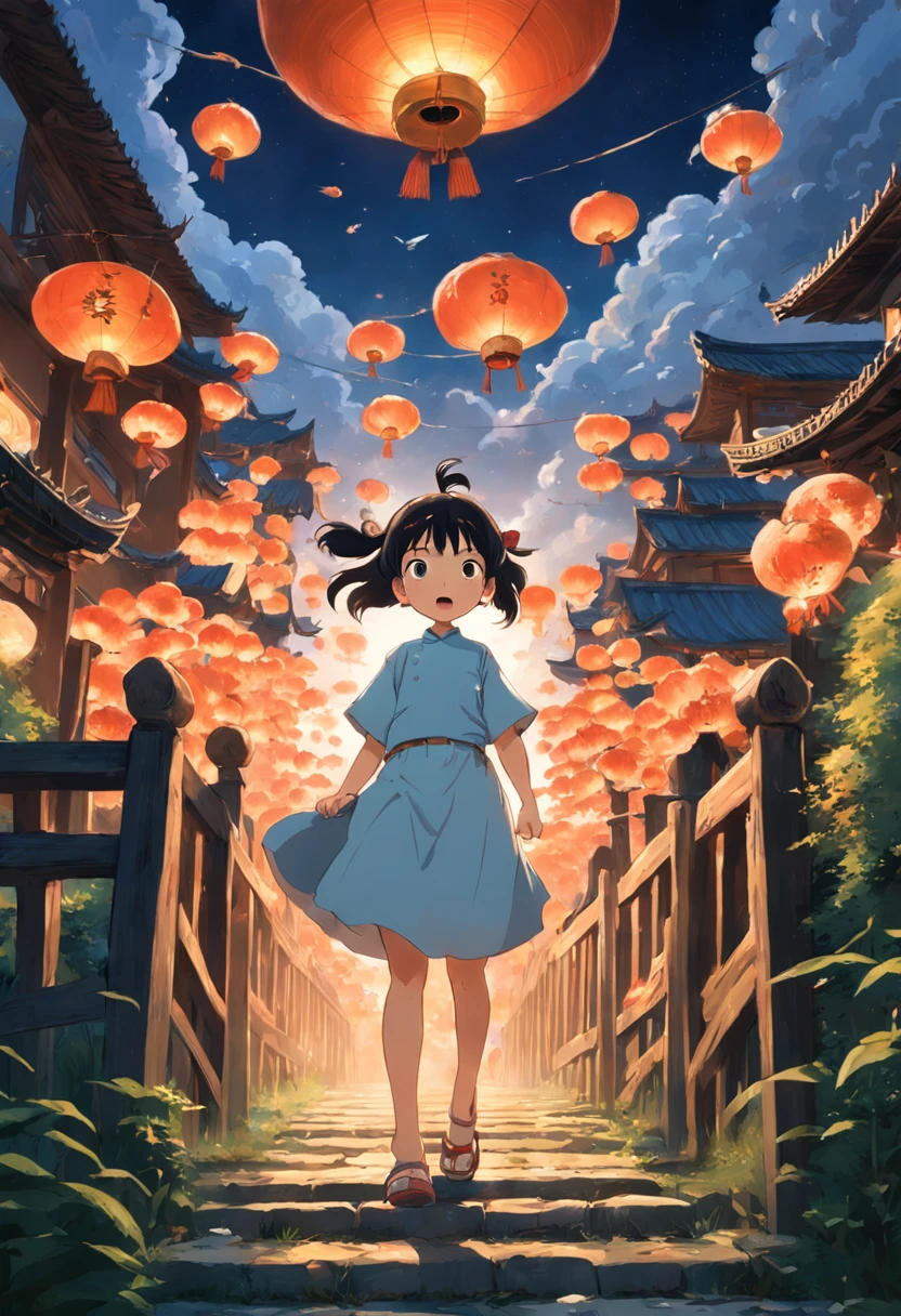 movie picture quality,Hayao Miyazaki animation,Miyazaki animation style,Hayao Miyazaki animated film,3D movies,China-style,A little girl with short pigtails jumped over the South Heavenly Gate on a huge koi,depth of fields,high light,Real light,Ray traching,oc rendered,Hyper-realistic,best qualtiy,8K,Works of masters,super-fine,Detailed pubic hair,Correct anatomy,sharp focus on eyes,Bokeh,Facial features are carefully depicted