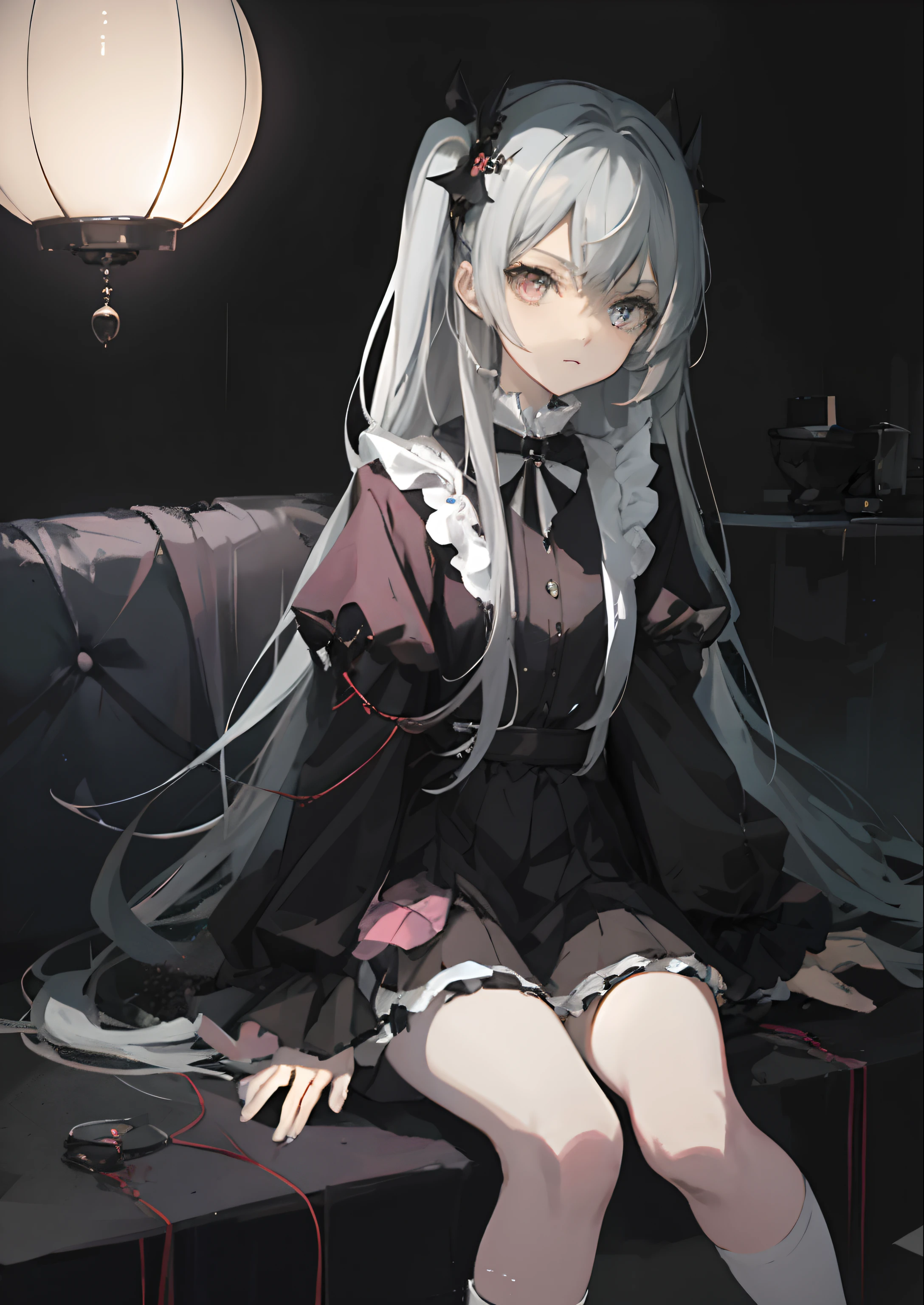 Anime girl sitting on sofa,Shyness of the face,White knee-length socks,, gapmoe yandere grimdark, gothic maiden anime girl, Pisif, zerochan art, nightcore, girl under lantern, Digital art on Pisif , Pisif 3DCG, Pisif style, Guweiz in Pixiv ArtStation, Best anime 4k konachan wallpaper,