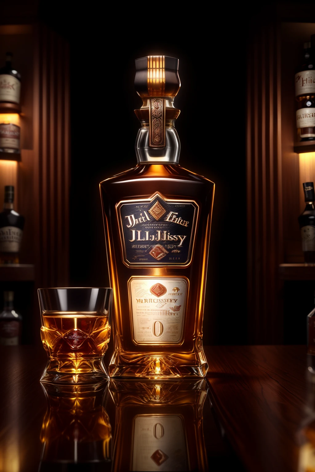 (still life), (masterpiece), (best quality), (a bottle of whiskey, a glass of whiskey:1.2), a dark oak pillar, a beautiful backlight, a dark room in an elite club, ultra detailed, reflections, extremely detailed, 8k, detailed background