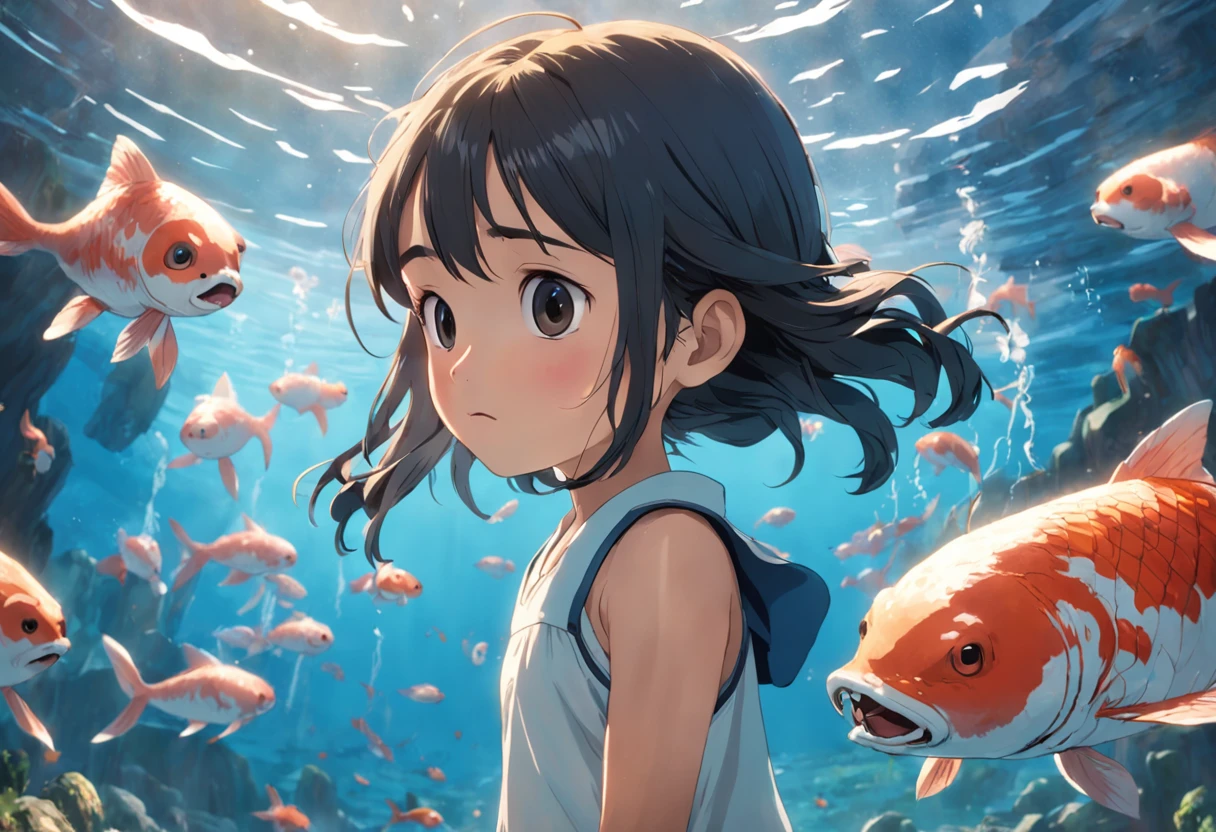 movie picture quality,Hayao Miyazaki animation,Miyazaki animation style,Miyazaki film animation,3D movies,China-style, girl with short braids standing in front of a huge koi,swell sea,depth of fields,high light,Real light,Ray traching,oc rendered,Hyper-realistic,best qualtiy,8K,Works of masters,super-fine,Detailed pubic hair,Correct anatomy,sharp focus on eyes,Bokeh,Facial features are carefully depicted