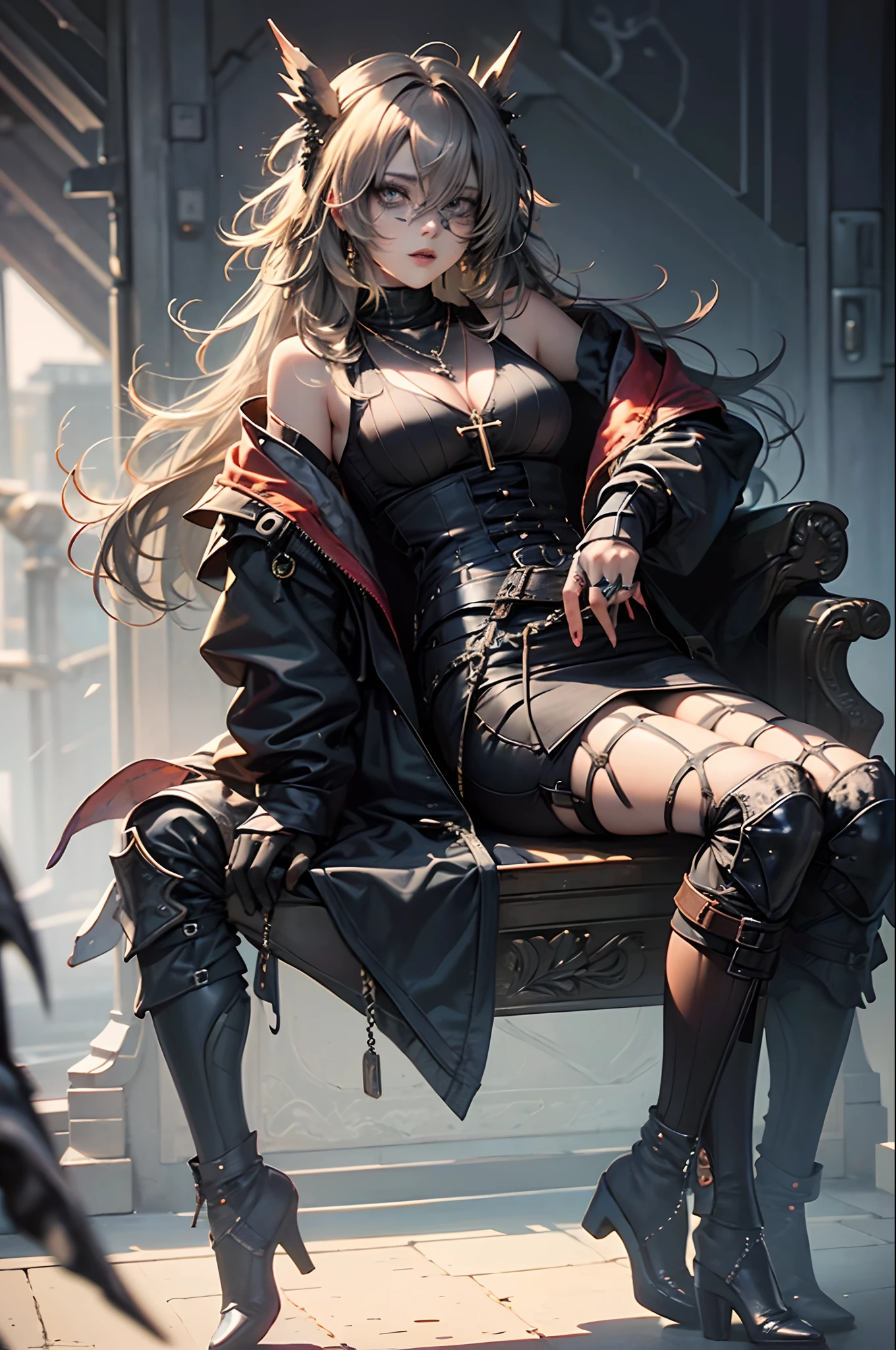 Anime, muito branca, olhos azuis e cabelos negros com mechas brancas, petite and gothic and with cross necklace and shaded over the eyes