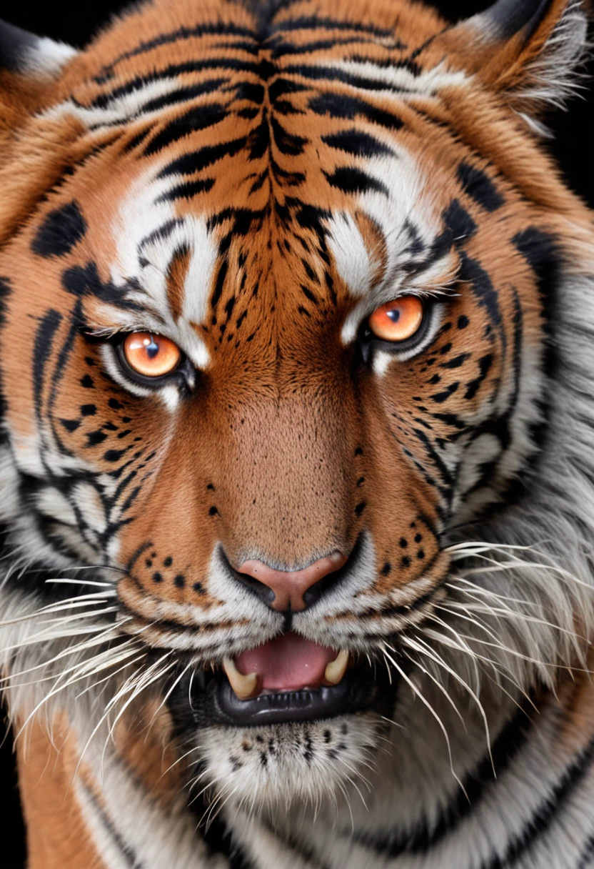 tiger with black and gray realistic tattoo art of (((orange eyes))) with ink splatter sketch effect, he is with open mouth looking very fierce and angry