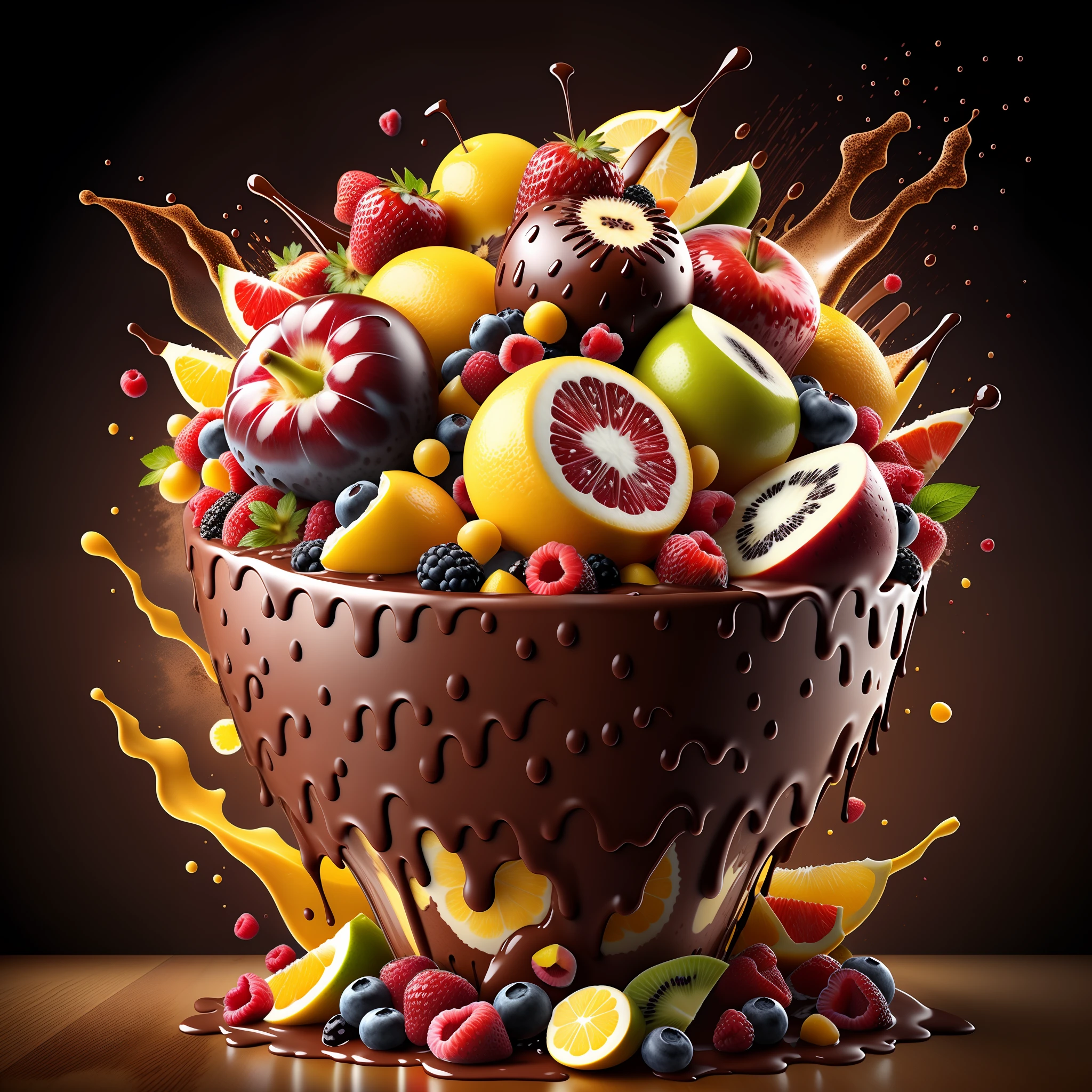 (explosion:0.6) of fruits and dark chocolate ice-cream, high detail, very realistic, bright environment