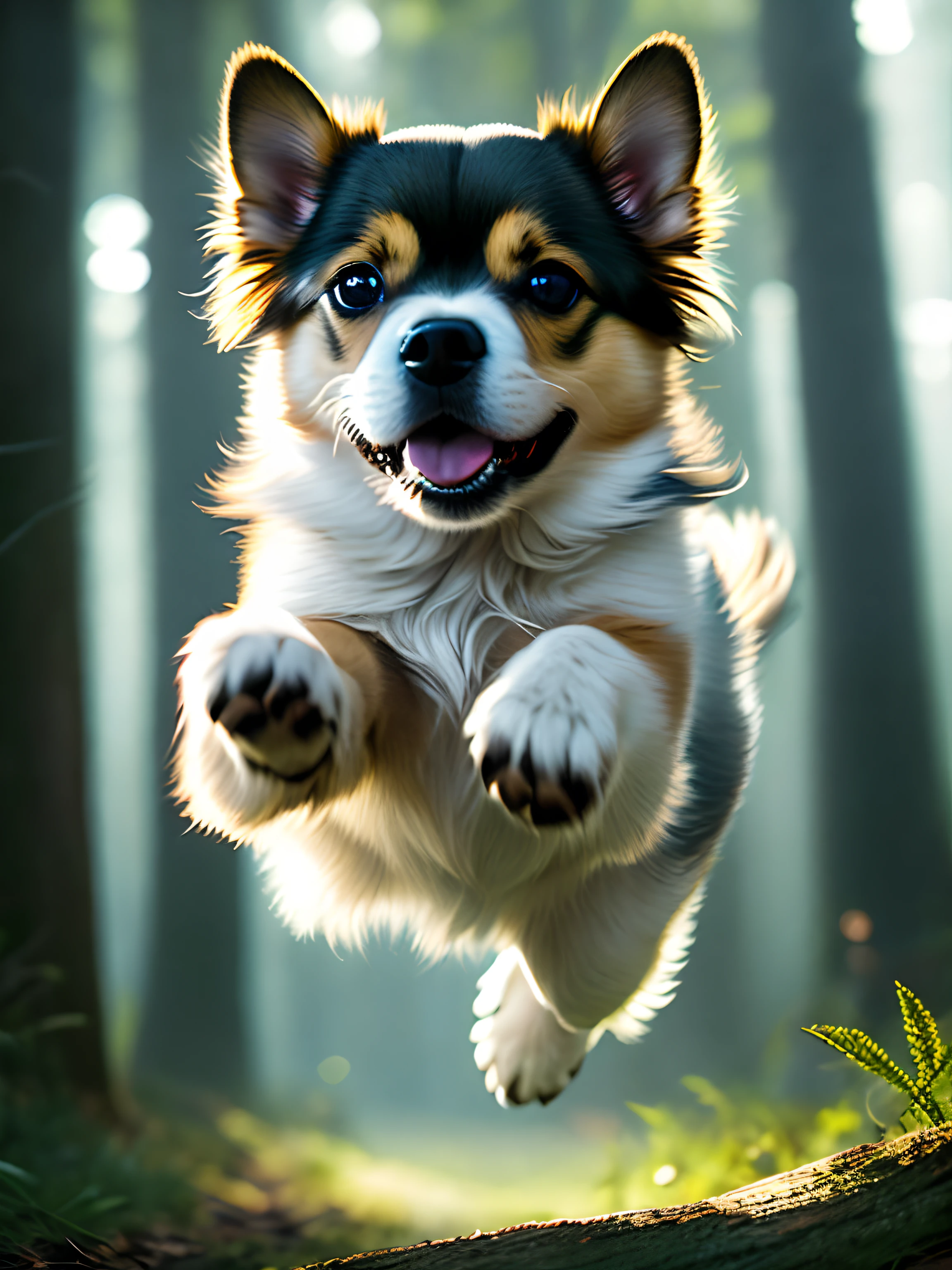 Close-up photo of a very cute jumping puppy in the forest,Soft volumetric light,Backlight 1.3,Movie 1.2,Complicated details,ArtStation 1.3,Rutkowski。