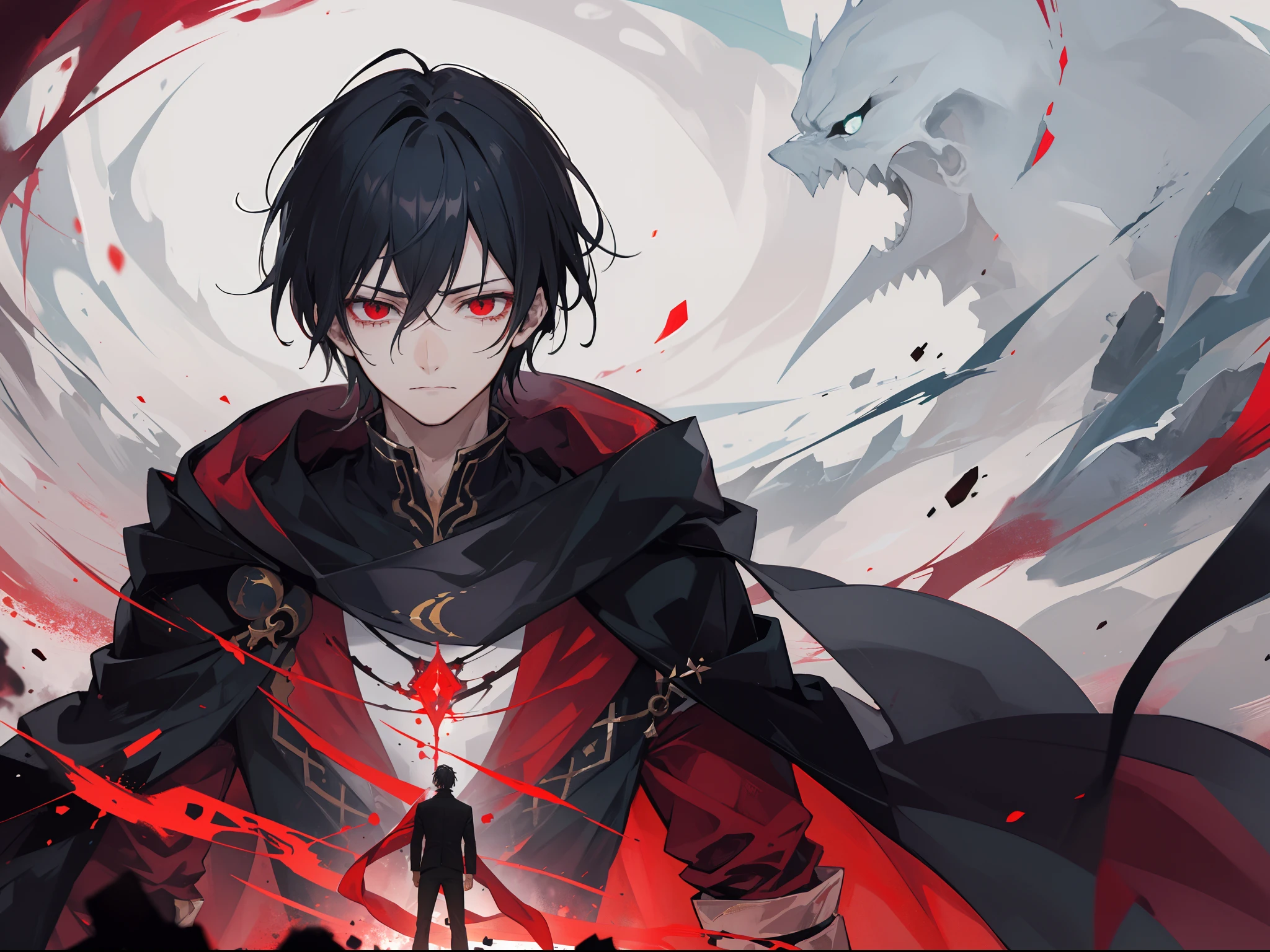 The world is chaotic, the dark vibe is filled with chaos, there is a man who looks broken in a wizard's robe, his hair is dark black, his eyes are red, he looks so broken and sad.