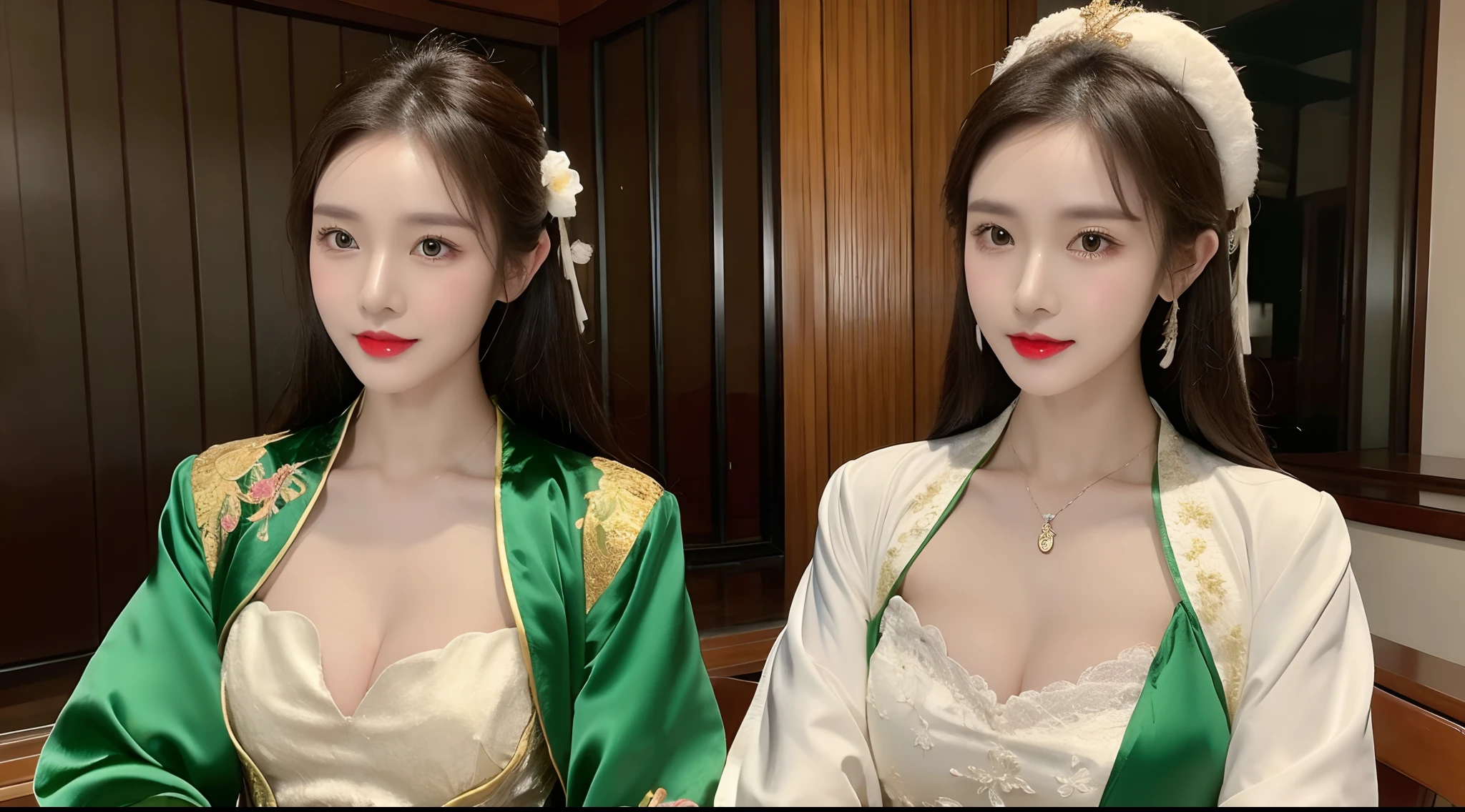 (A half body,Close-up,closeup cleavage:1.2),Arakfi Asian woman sitting in chair,Wearing a green and gold dress, (outside,hot onsen,florals,grassy,nevando) , A girl in Hanfu, Hanfu, Cheongsam, with acient chinese clothes, Traditional beauty, Traditional Chinese clothing, Wearing ancient Chinese clothes, Chinese style, Chinese dress, Chinese costume, Chinese traditional, Chinese girl, wearing ornate silk clothes,Redlip,(solo person)