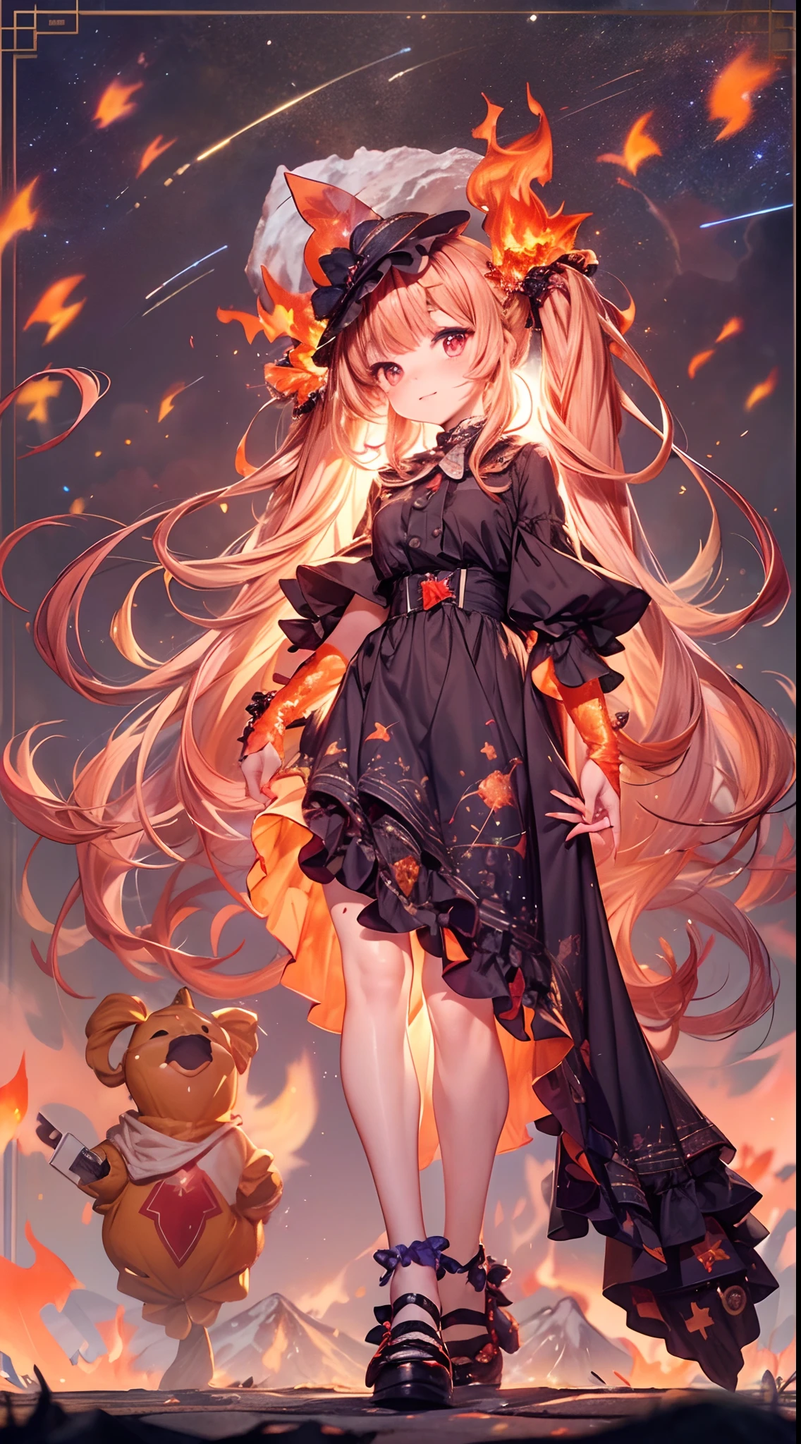 (fullbody, legs and shoes visible: 1.2)) expressive eyes, woman, pale skin, long hair, windblown hair, ((long hair)), long sidelocks, hime bangs, hair fringe, hair bun, ((long twintails)), flaming hair, red hair, blushing, full face blushing, big sparkling glowing red eyes, (gradient eyes), open mouth smile, cute pose,
flowy flaming dress, ((dark multicolored open dress)), (floating fire), orange ruffles, yellow frills, (light red lace), detached short sleeves, puffy skirt, ((fire and stars print skirt : 1.3)), ta skirt, dark red bows, ((pompon ribbons hair ornament : 1.4)), multiple bows, striped lace stockings, (heart shaped leg garter), cute (dark orange) shoes ((hyperdetailed clothing and fashion)) looking at you, vintage girl, blushing, (beautiful detailed eyes), (extremely detailed CG unity 8k wallpaper) (best shadow), ((an extremely delicate and beautiful)), (detailed light), ((depth of field)) big head, big sparkling eyes, moe, splash art, cinematic lighting, frontal view, volumetric lighting maximalist photo illustration 64k resolution high res intricately detailed complex key visual precise linear
((in the dark lava volcano background, surrounded by smoking hot lava, shooting stars, volcano)) ((hyperdetailed scenery, foggy, darkness : 1.3))