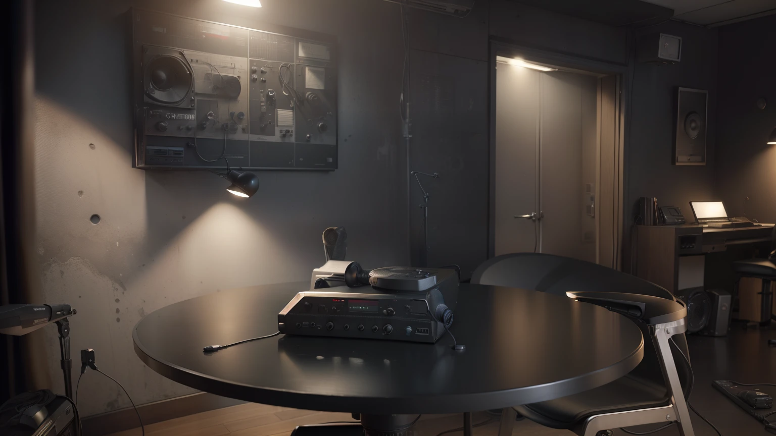 ((masterpiece)) photorealistic photo of a radio station, black concrete, microphone, desk, cinematic lighting