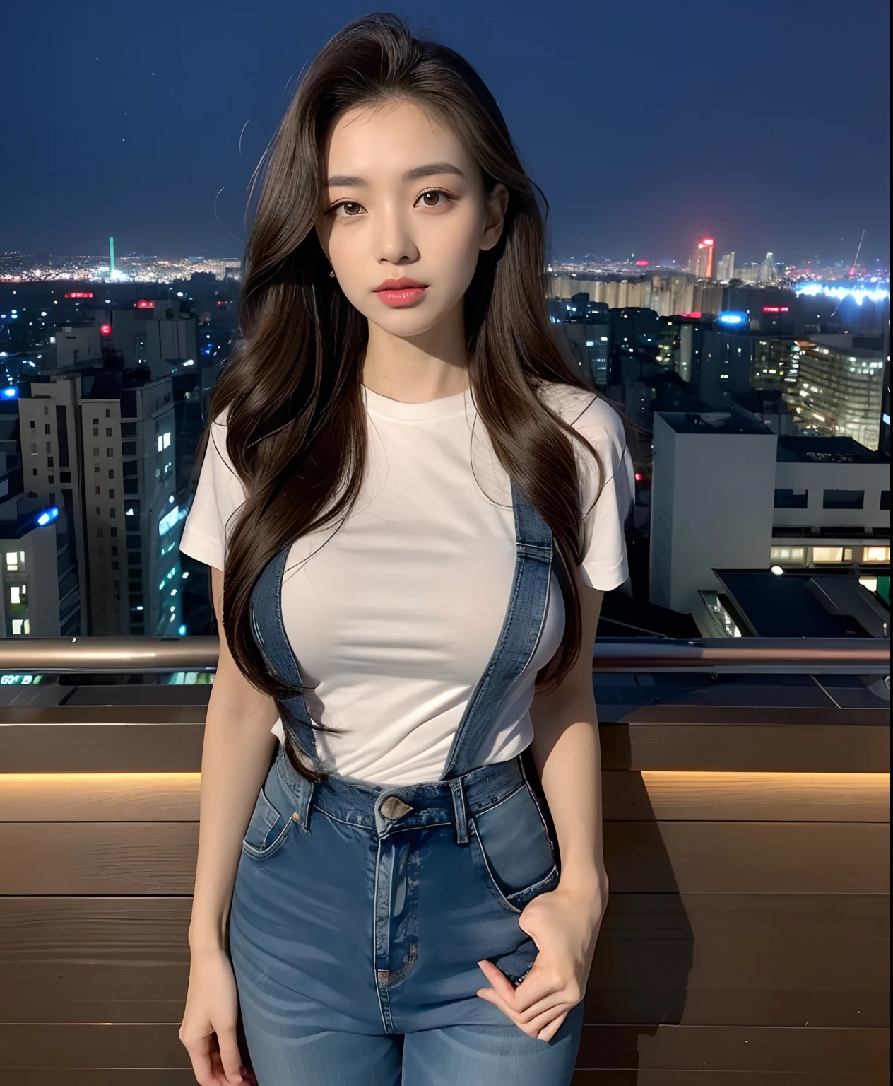 ((Midnight, Best quality, 8k, Masterpiece :1.3)), Whole body, Long legs, Sharp focus :1.2, A pretty woman with perfect figure :1.4, Slender abs :1.1, ((Dark brown hair, Big breasts :1.2)), (White tight tshirt, Jean bib, Standing:1.2), ((Night city view, Rooftop:1.3)), Highly detailed face and skin texture, Detailed eyes, Double eyelid