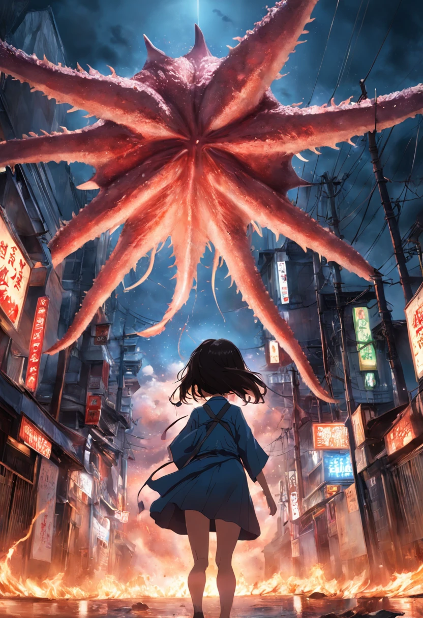 movie picture quality,Real Photographics,Hyper-realistic,scary movie lighting,Look down from the sky,(Super giant starfish:1.5),Extremely large,blood vess,frotting,Murderous,Raging in Tokyo, Japan,(Destroyed buildings:1.4),Collapsed walls,fire glow,Japanese people in kimonos are running towards me,terrifed,weeping,depth of fields,high light,Real light,Ray traching,oc rendered,Hyper-realistic,best qualtiy,8K,Works of masters,super-fine,Detailed pubic hair,Correct anatomy,sharp focus on eyes,Bokeh,Facial features are carefully depicted