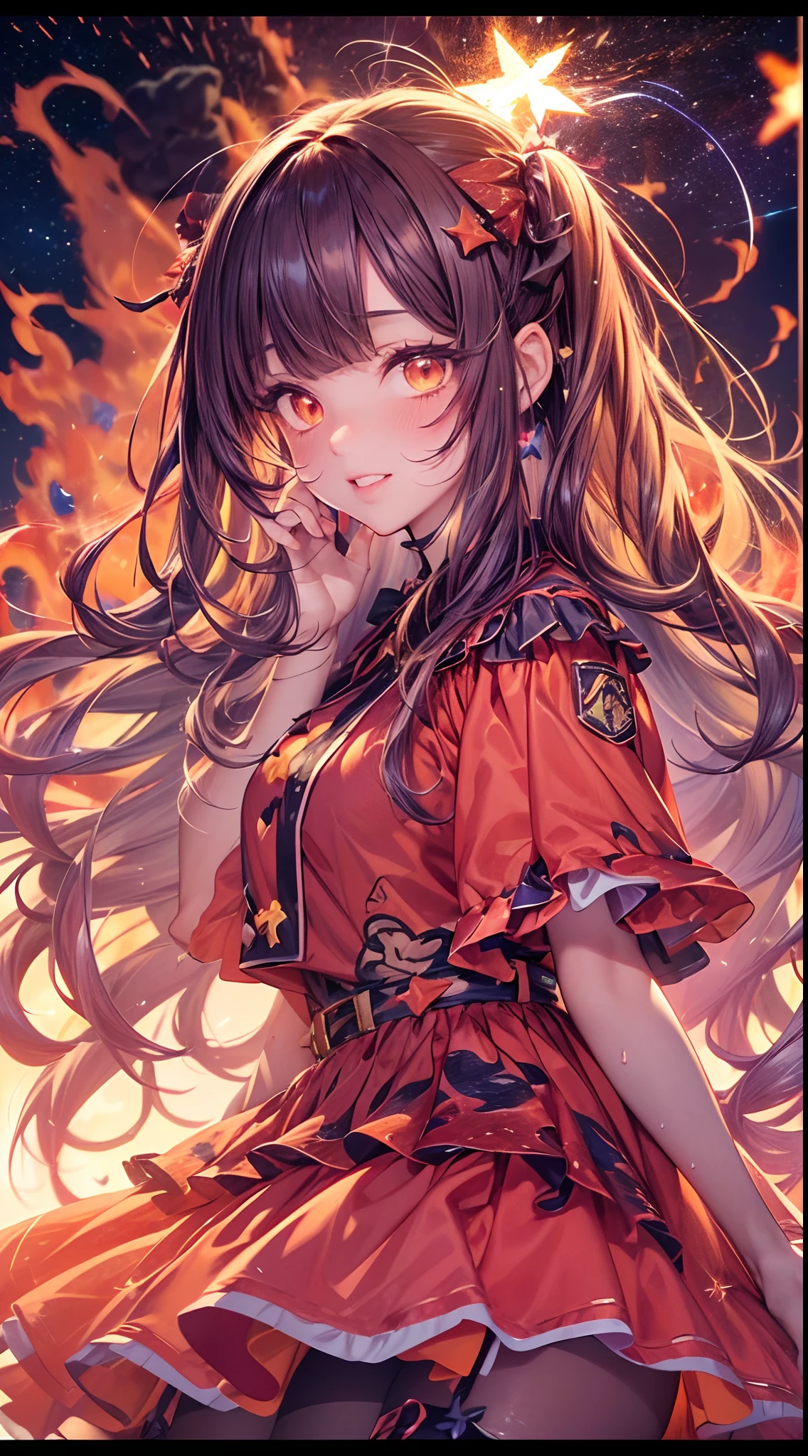 (fullbody, legs and shoes visible: 1.2)) expressive eyes, woman, pale skin, long hair, windblown hair, ((long hair)), long sidelocks, hime bangs, hair fringe, hair bun, ((long twintails)), flaming hair, red hair, blushing, full face blushing, big sparkling glowing red eyes, (gradient eyes), open mouth smile, cute pose,
flowy flaming dress, ((dark multicolored open dress)), (floating fire), orange ruffles, yellow frills, (light red lace), detached short sleeves, puffy skirt, ((fire and stars print skirt : 1.3)), lolita skirt, dark red bows, ((pompon ribbons hair ornament : 1.4)), multiple bows, striped lace stockings, (heart shaped leg garter), cute (dark orange) shoes ((hyperdetailed clothing and fashion)) looking at you, vintage girl, blushing, (beautiful detailed eyes), (extremely detailed CG unity 8k wallpaper) (best shadow), ((an extremely delicate and beautiful)), (detailed light), ((depth of field)) big head, big sparkling eyes, moe, splash art, cinematic lighting, frontal view, volumetric lighting maximalist photo illustration 64k resolution high res intricately detailed complex key visual precise linear
((in the dark lava volcano background, surrounded by smoking hot lava, shooting stars, volcano)) ((hyperdetailed scenery, foggy, darkness : 1.3))
