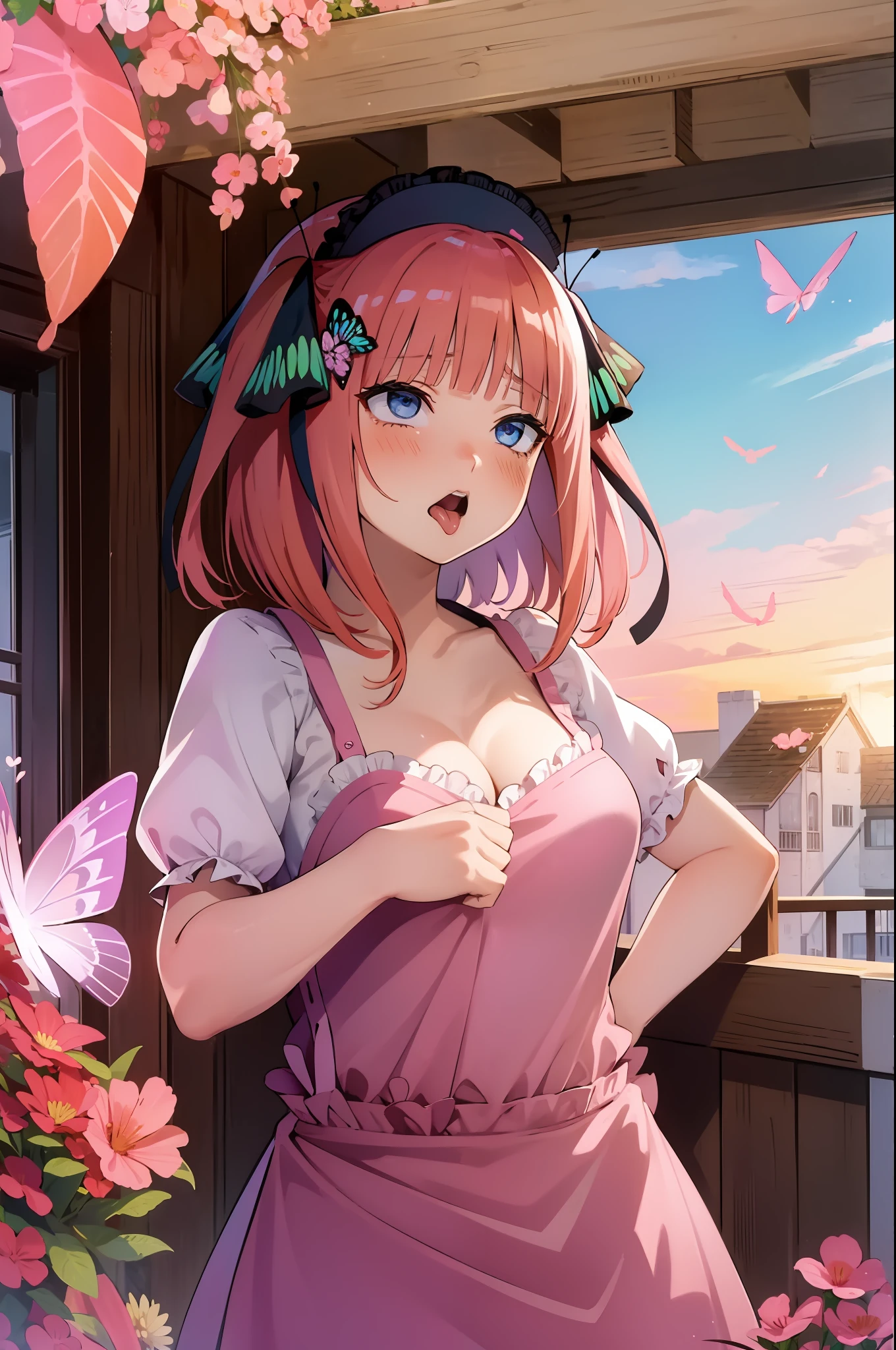 ahg
rolling eyes
tongue,1girls, 独奏, Nakano Nino, Pink hair, butterfly hair ornament, (nuda:1.3), (White apron),, cleavage of the breast, thights, Cafe background, (blushful:1.3)，scream out