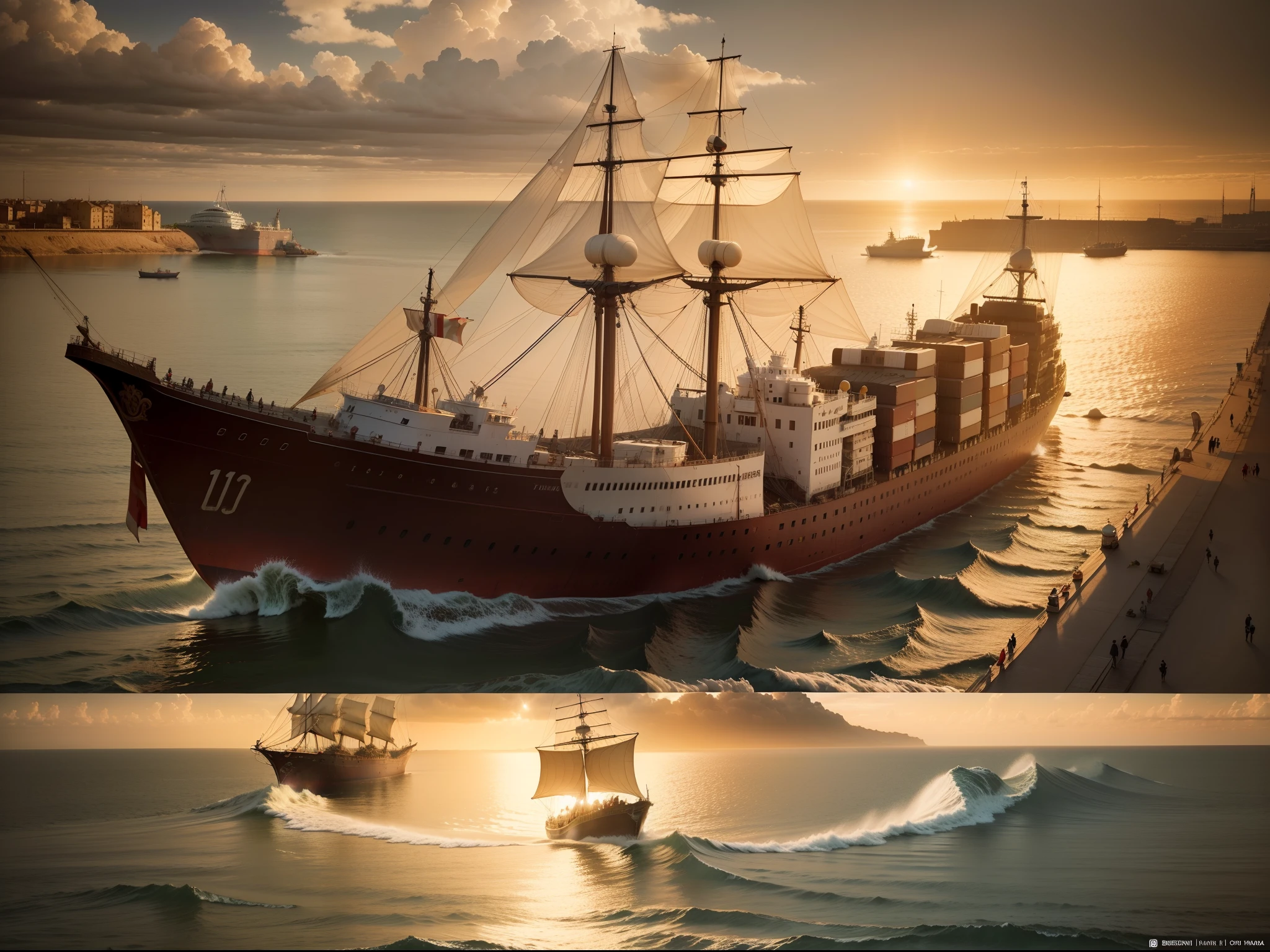 create a period film image with two ships in the port of Joppa, in a seaside setting framed in history before Christ. One of the ships should be on its way to navigation and the landscape should have brown hues, beges e de por do sol. An aerial viewing angle should appear and a pier should be present in the image