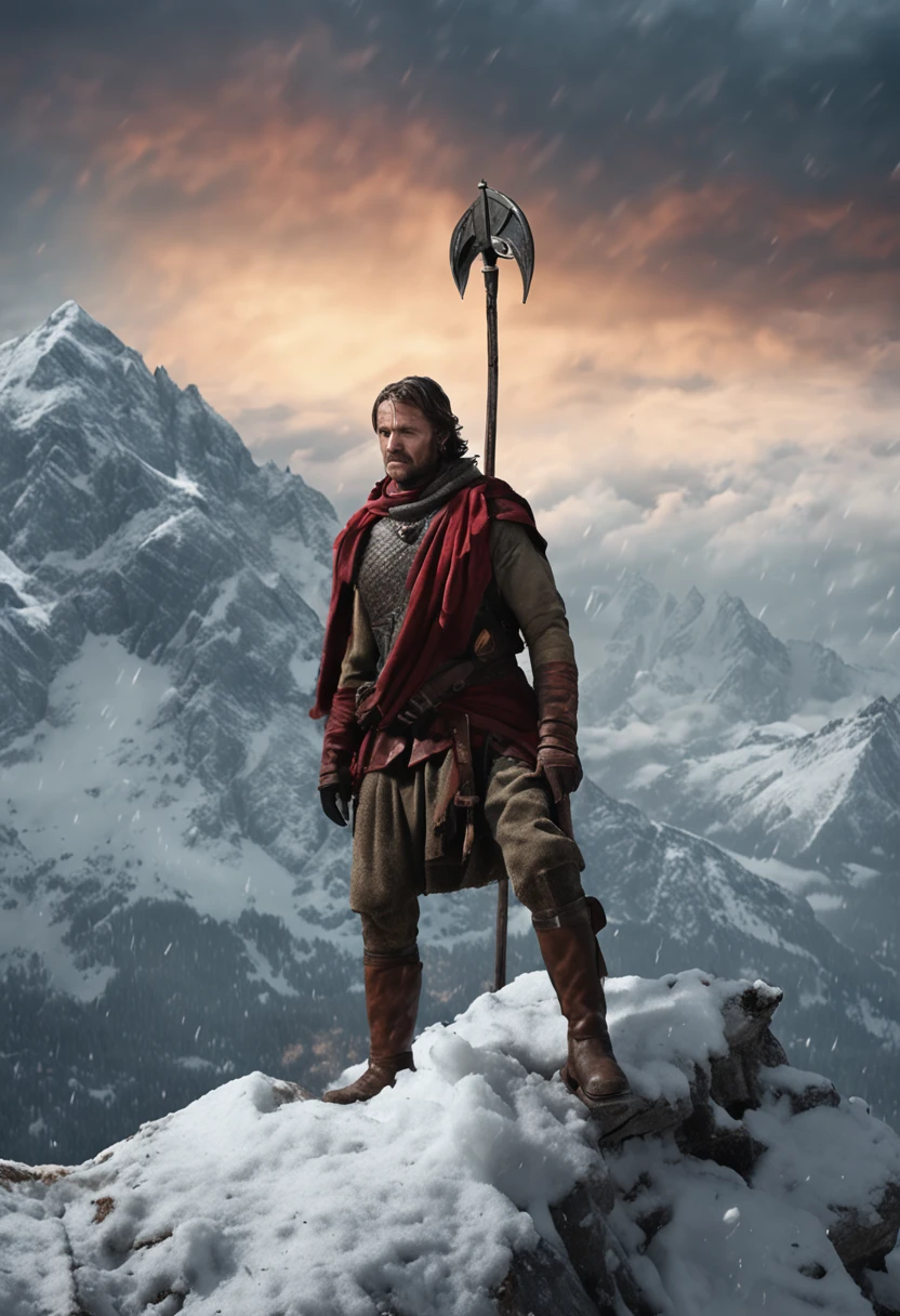 Photorealistic depiction of a young Hannibal Barca slowly climbing up the Alps in the middle of a snowstorm with his scattered army of soldiers