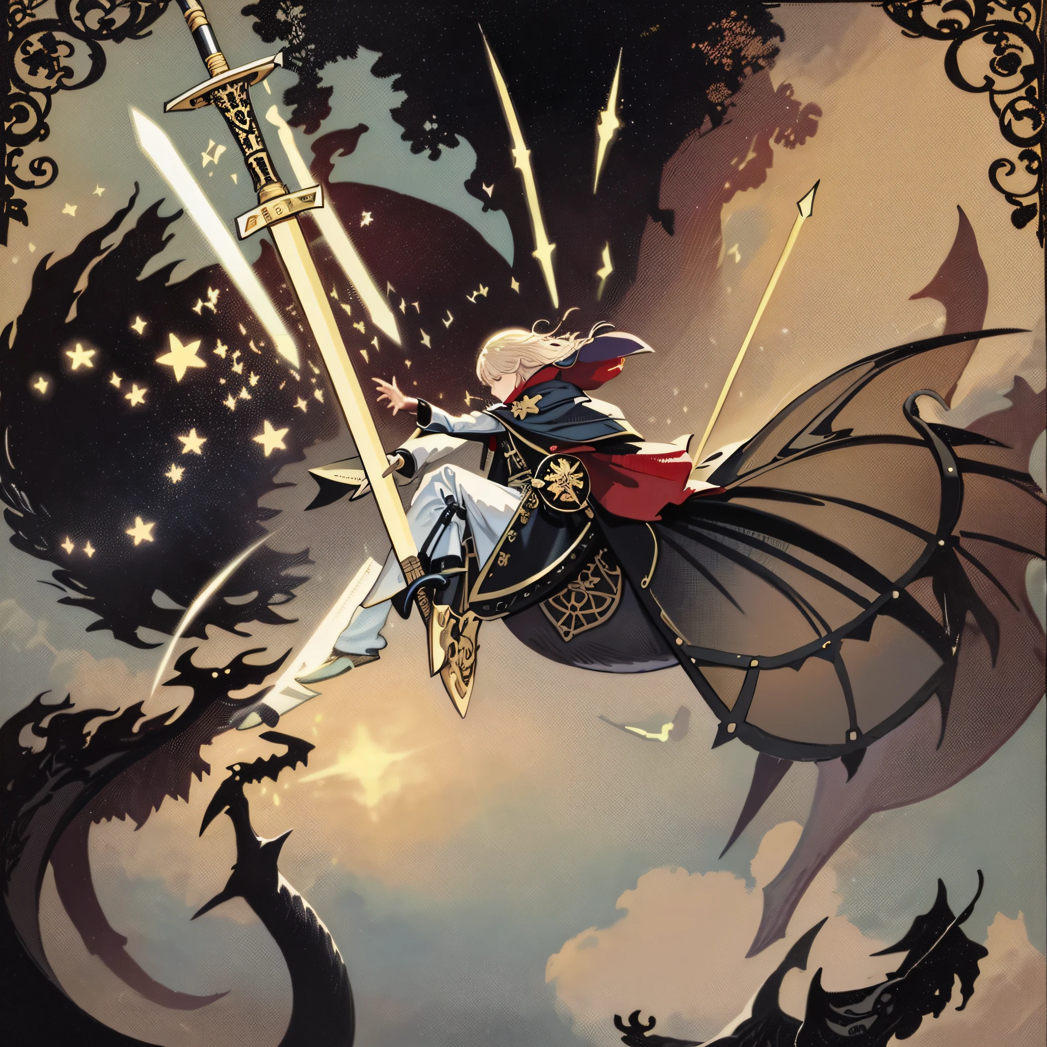 tarot cards，a person，Ride a flying dragon，cloaks，cavalier，suns，softlighting，holdingsword，ln the forest