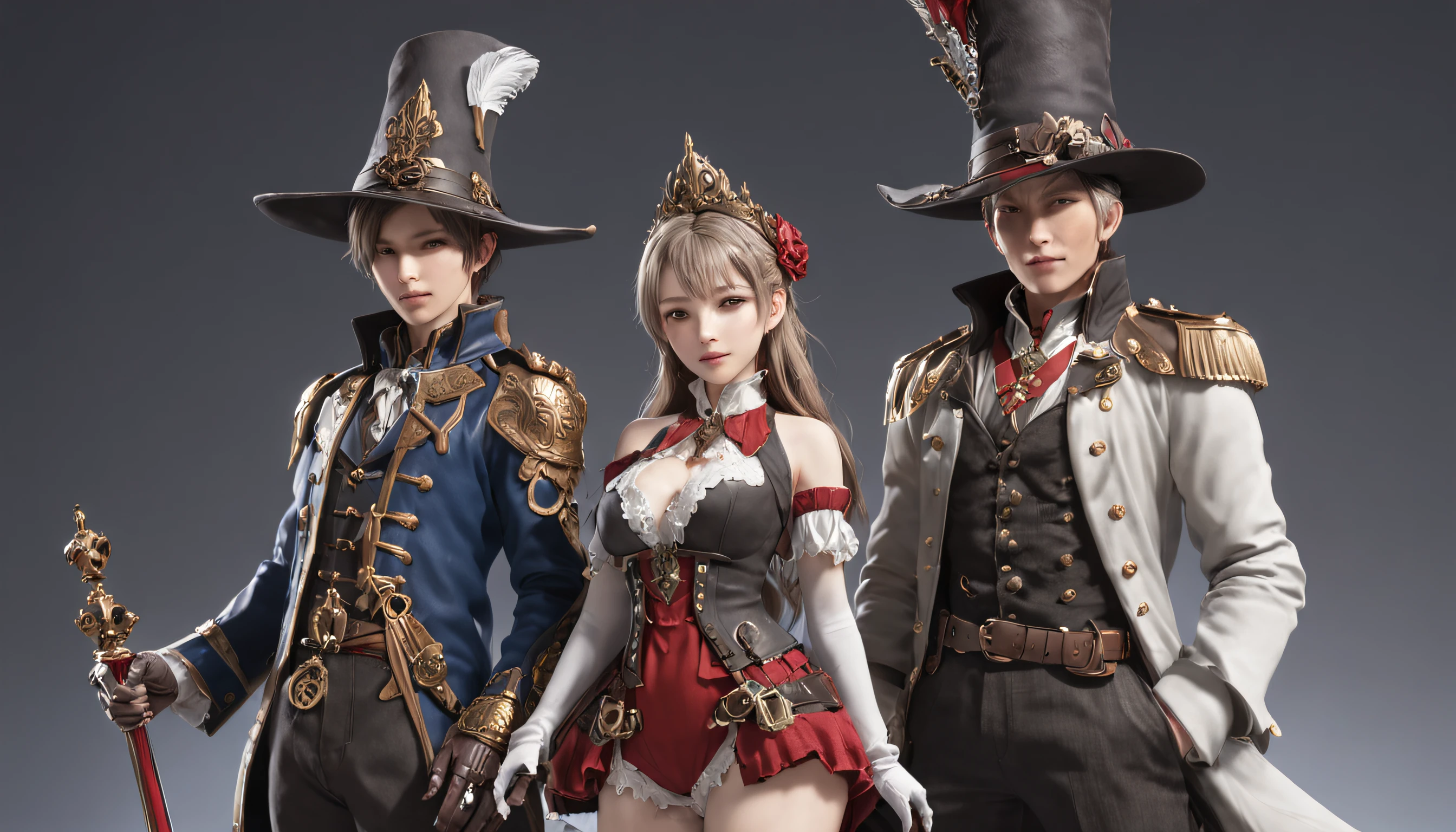 Anime characters standing side by side in costumes and hats, sakimichan and frank franzzeta, granblue fantasy, ffxiv heavensward, Detailed key anime art, high detailed official artwork, key art, Official artwork, 2. 5 D CGI anime fantasy artwork, final fantasy 14 style, artbook artwork, nixeu and sakimichan