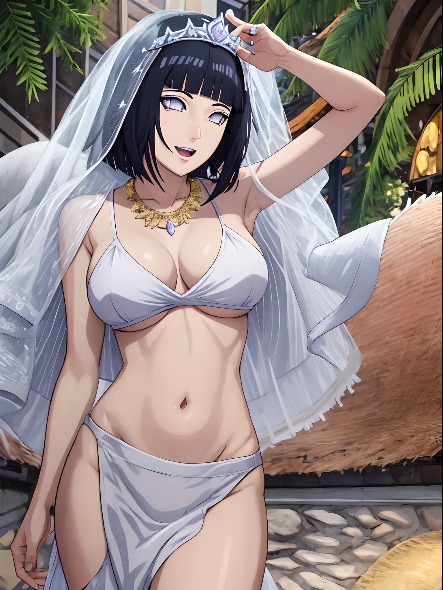 (WALLPAPER, (hinata\(boruto\), masterpiece, 4k, vector coloring, whole body shot, contrast lighting, mature female, milf, (curvy:0.8), solo, anime style, sharp focus, professional artwork, intricate details, detailed beach background, colorful, vibrant colors, vivid colors, digital blending, ultra detailed body, ultra detail hair, ultra detail face, trending on pixiv, very hot colors, sunny day, outdoor, detailed bold arm lines, high color saturation, bold lines, bold drawing lines),
(standing, open mouth, kind smile, extremely happy, goodbye, sexy pose),
((dark blue hair color:1.1), wavy hair, ((short hair, hime cut)),
(perfect eyes, white sciera, white eyes, anime eyes, smoky eyeliner, eyeshadow)
(white skin, slender body, milf, navel, groin, flat belly, perfect face, perfect thighs),
(Thighs, legs, big breasts, perky boobs, off-shoulders, (groin, detailed shoulders),
(almost naked, bare chest, bare shoulders, bare hands, bare legs),
(all cloth is white, white dress, wedding veil, white flower wedding tiara, gold necklace)
