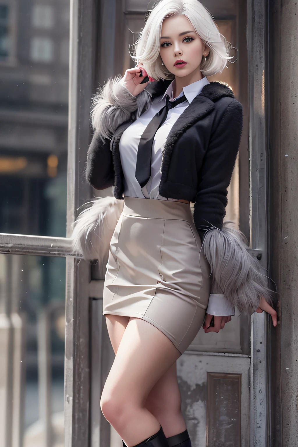 Photorealistic, high resolution, 1 Women, Solo, Hips up, Beautiful eyes, White hair, ringed eyes, Collared shirt,black necktie,Black skirt, pencil skirts, Fur coat, black lence stockings