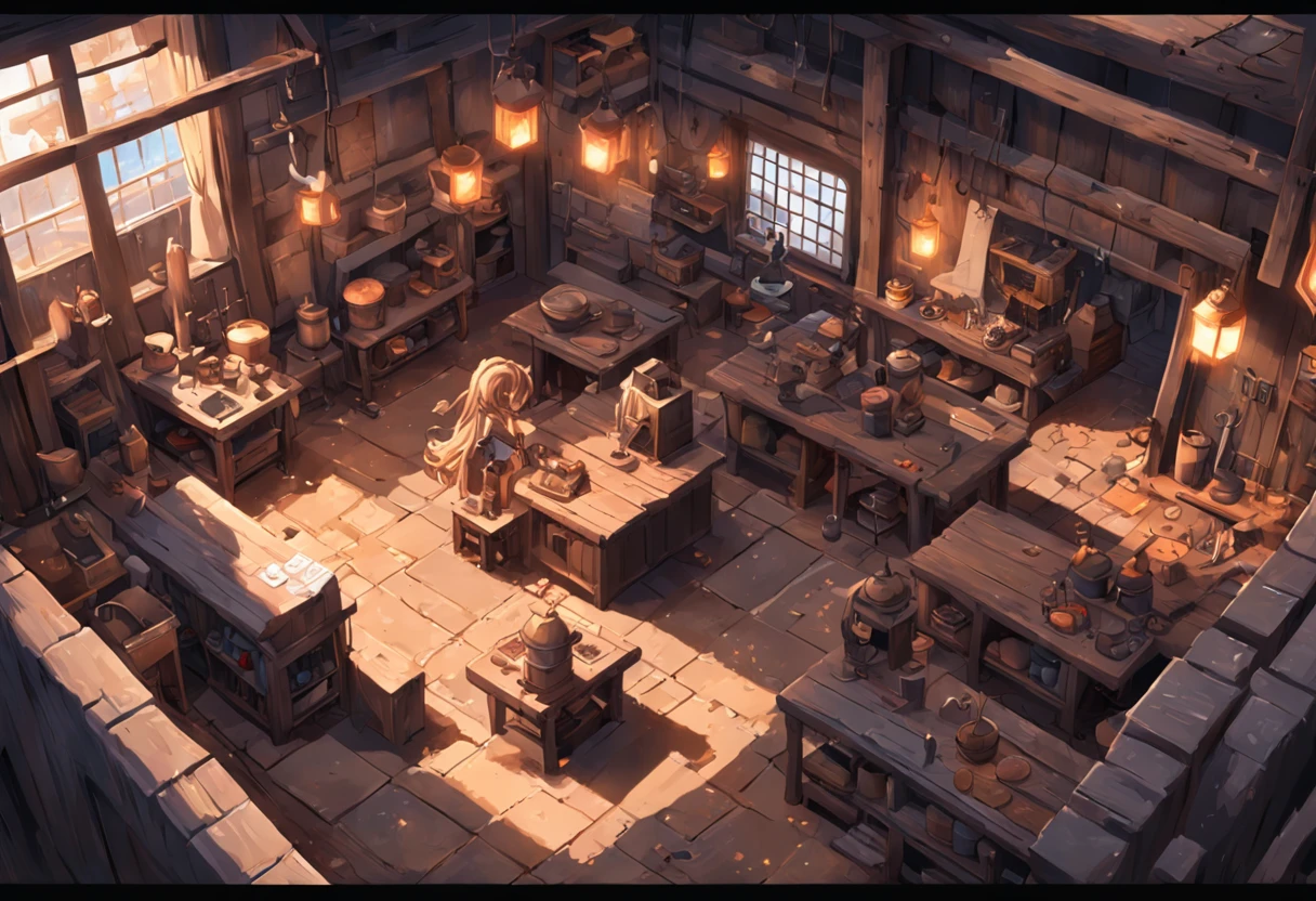 game footage,isometry,Pixel play style,pixal style,Blacksmith shop,in a panoramic view,depth of fields,high light,Real light,Ray traching,oc rendered,Hyper-realistic,best qualtiy,8K,Works of masters,super-fine,Detailed pubic hair,