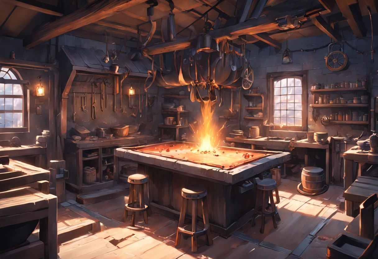 game footage,isometry,Pixel play style,pixal style,Blacksmith shop,in a panoramic view,depth of fields,high light,Real light,Ray traching,oc rendered,Hyper-realistic,best qualtiy,8K,Works of masters,super-fine,Detailed pubic hair,